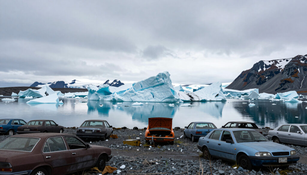 Abandoned Cars and Glacial Icebergs in a Desolate Arctic Scene