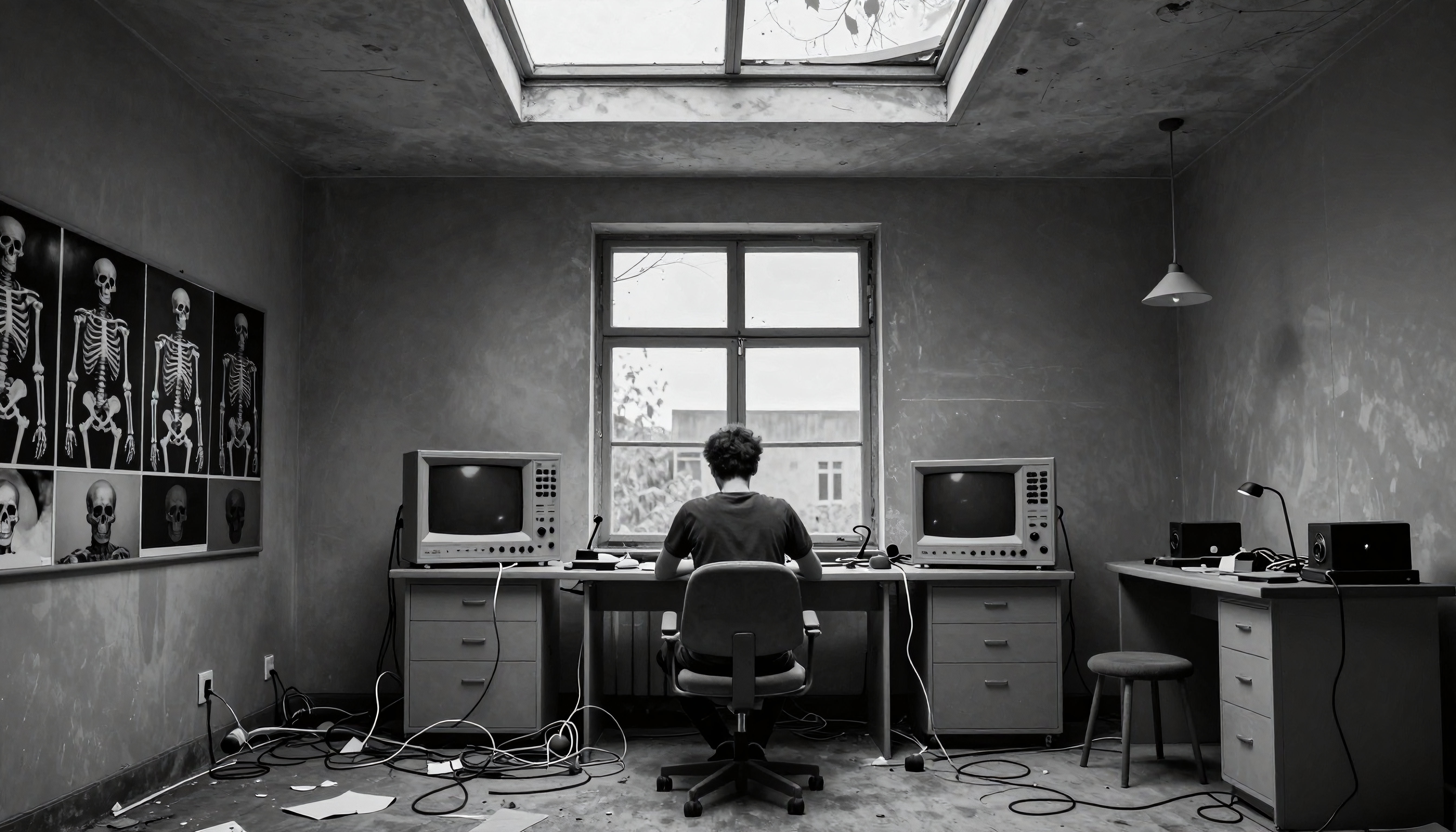 Black-and-White Laboratory Office with Skeletal Wall Art and Technician at Work