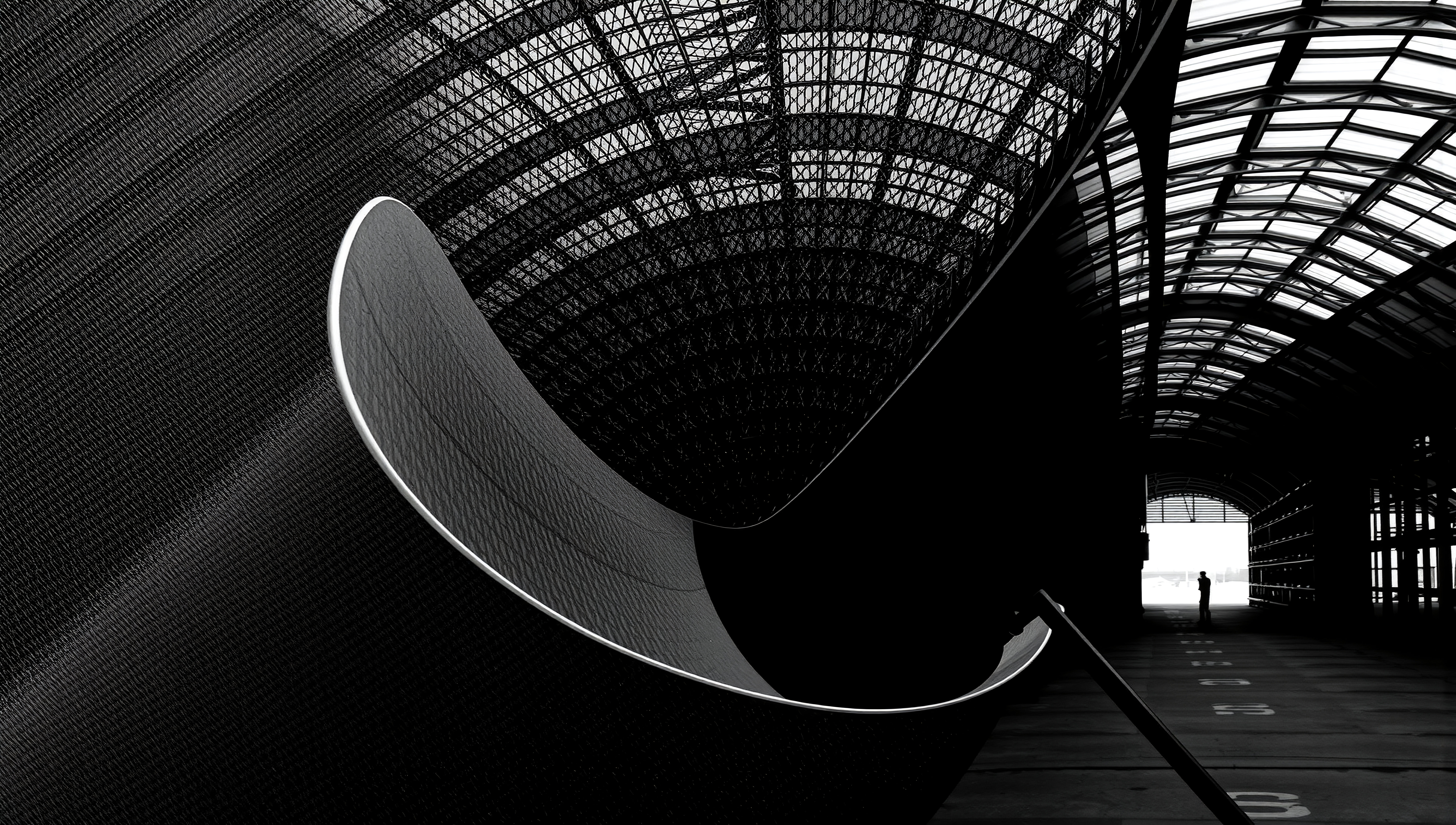 Industrial Hangar Interior with Curved Metal Structure