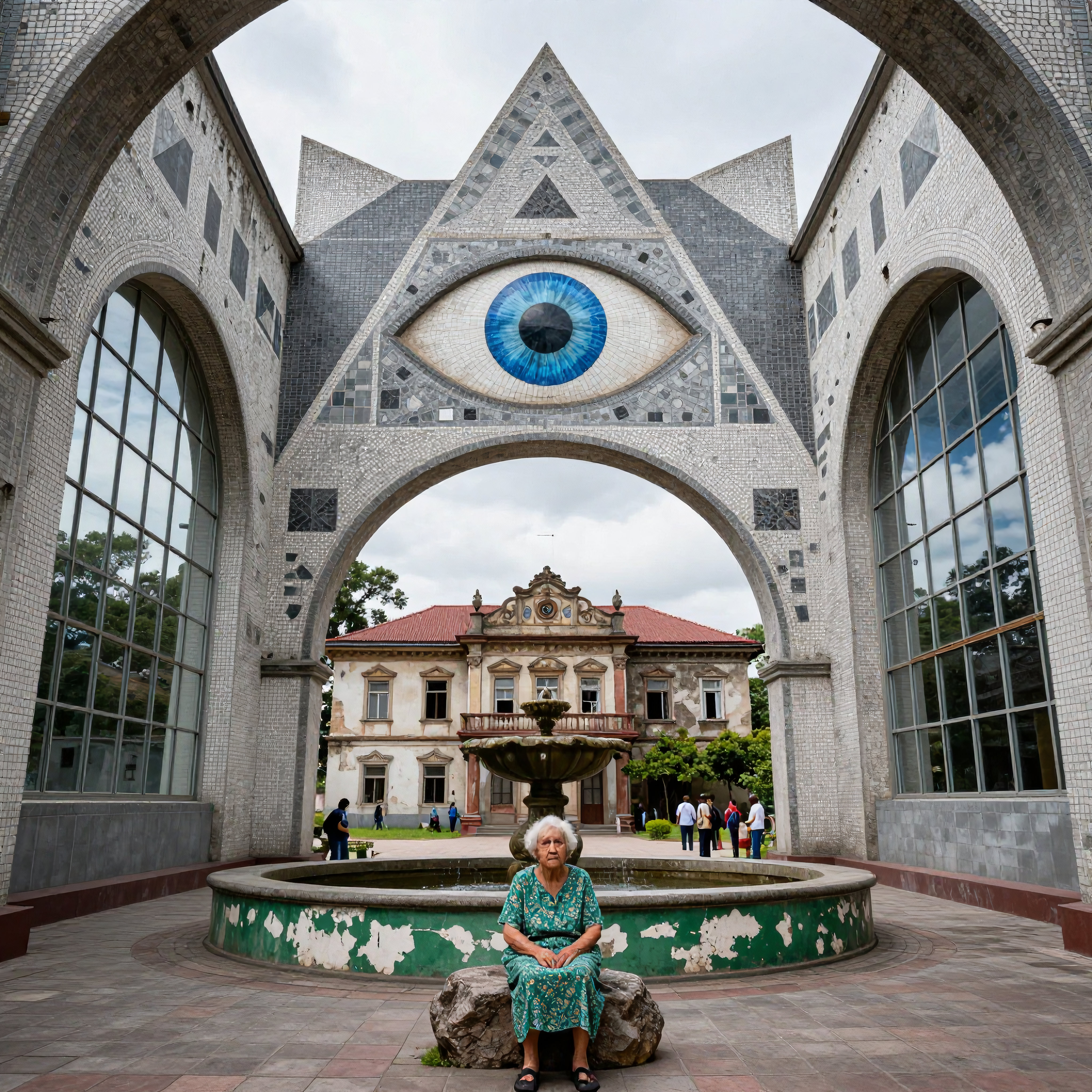 Mosaic Eye Archway with Fountain and Historic Building
