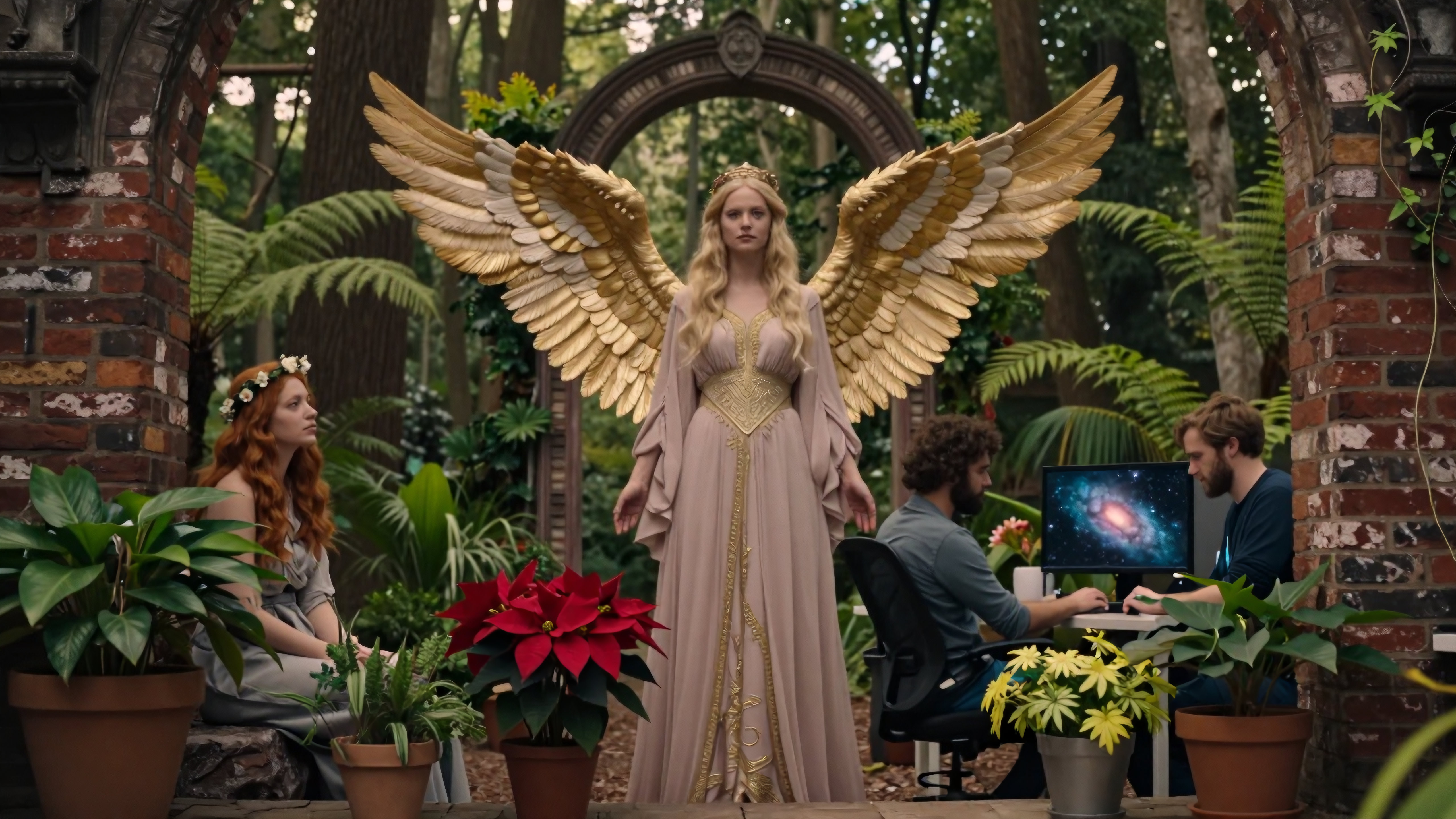 Golden-winged Angel in a Lush Garden with Creative Professionals