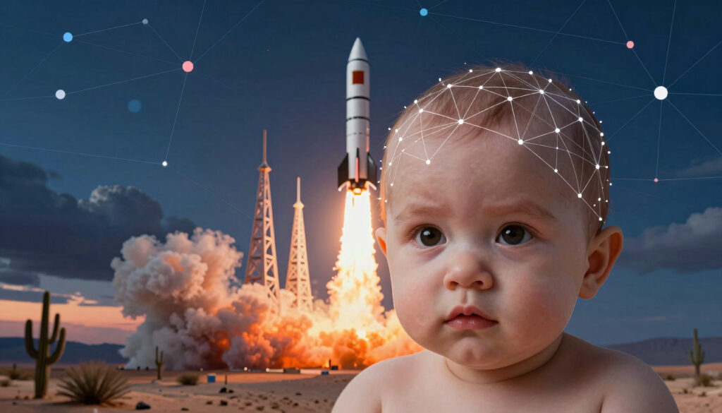 Baby with neural network overlay against rocket launch in desert landscape