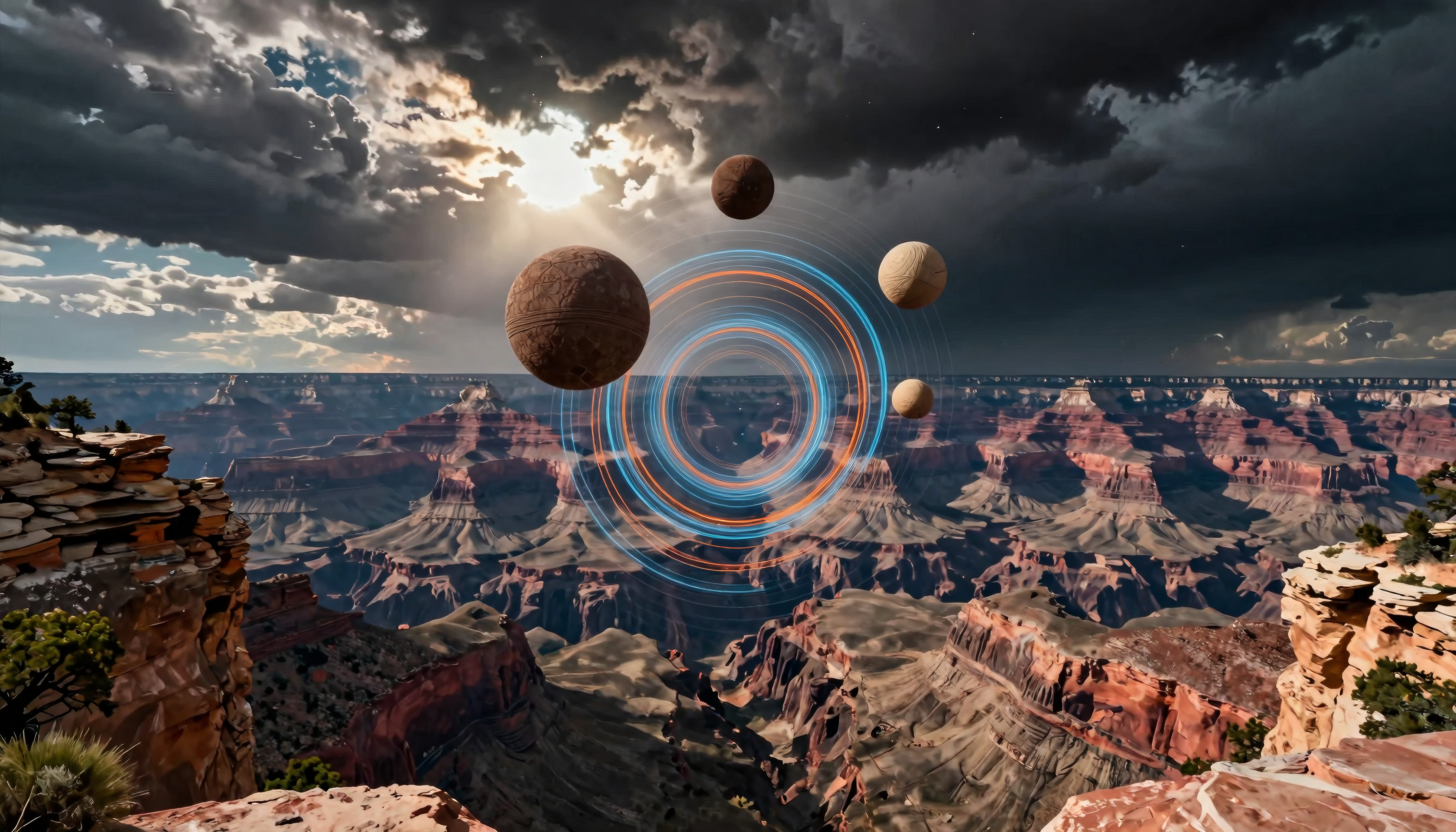 Surreal Canyon with Floating Spheres and Cosmic Rings