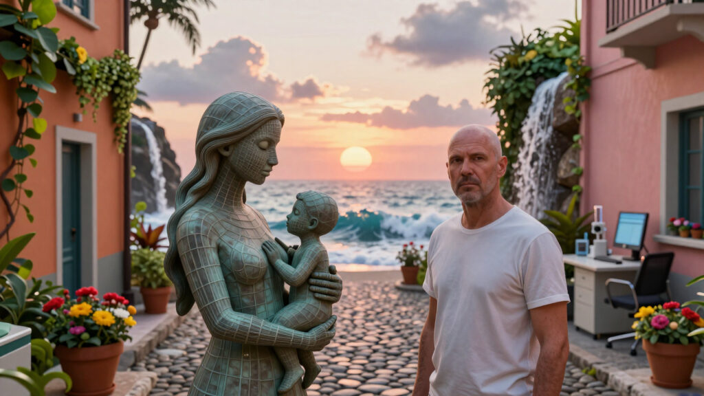 Coastal Sunset with Bronze Statue and Man in Mediterranean Village