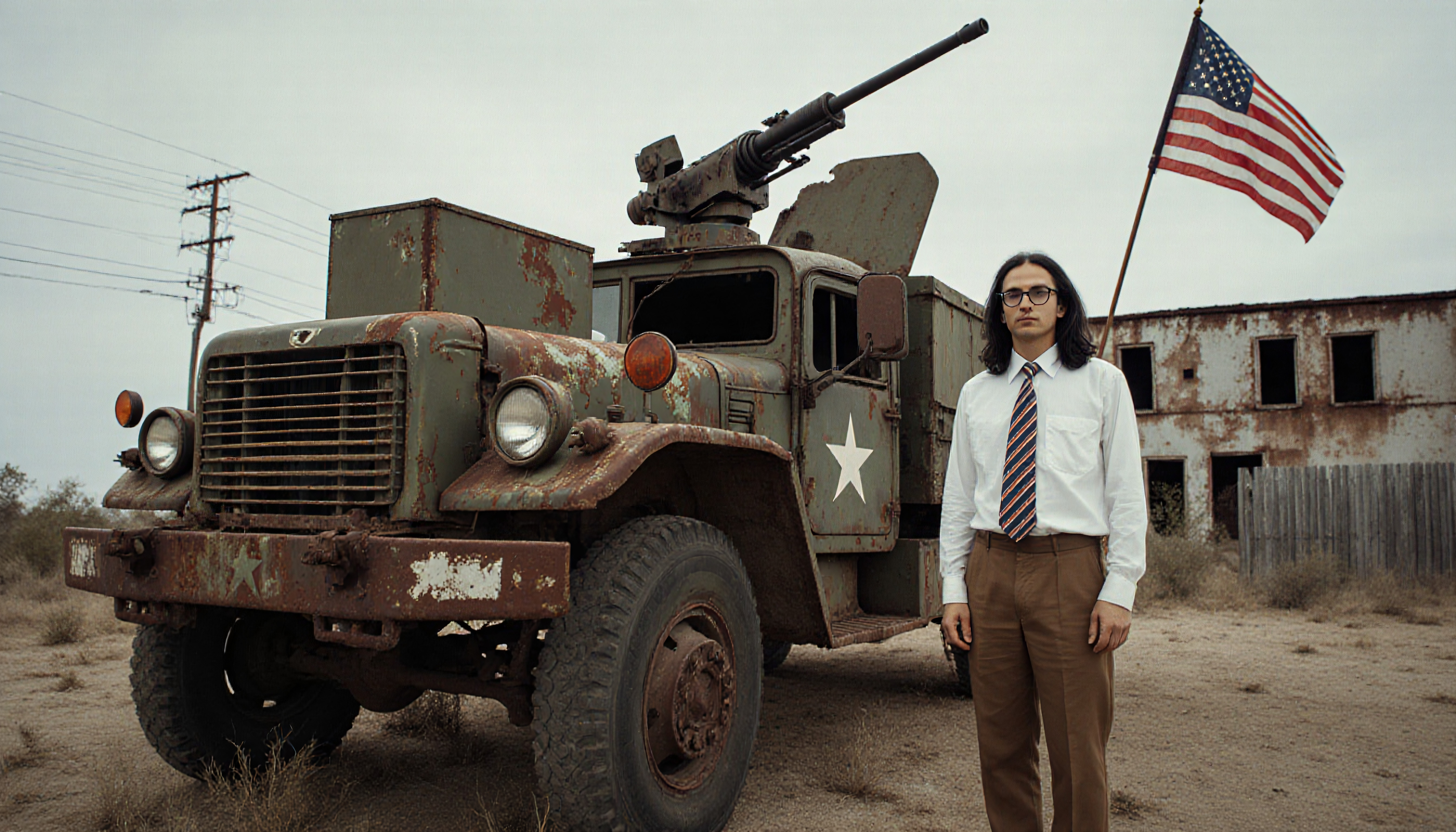 Rusty US Army Truck with American Flag and Business Professional