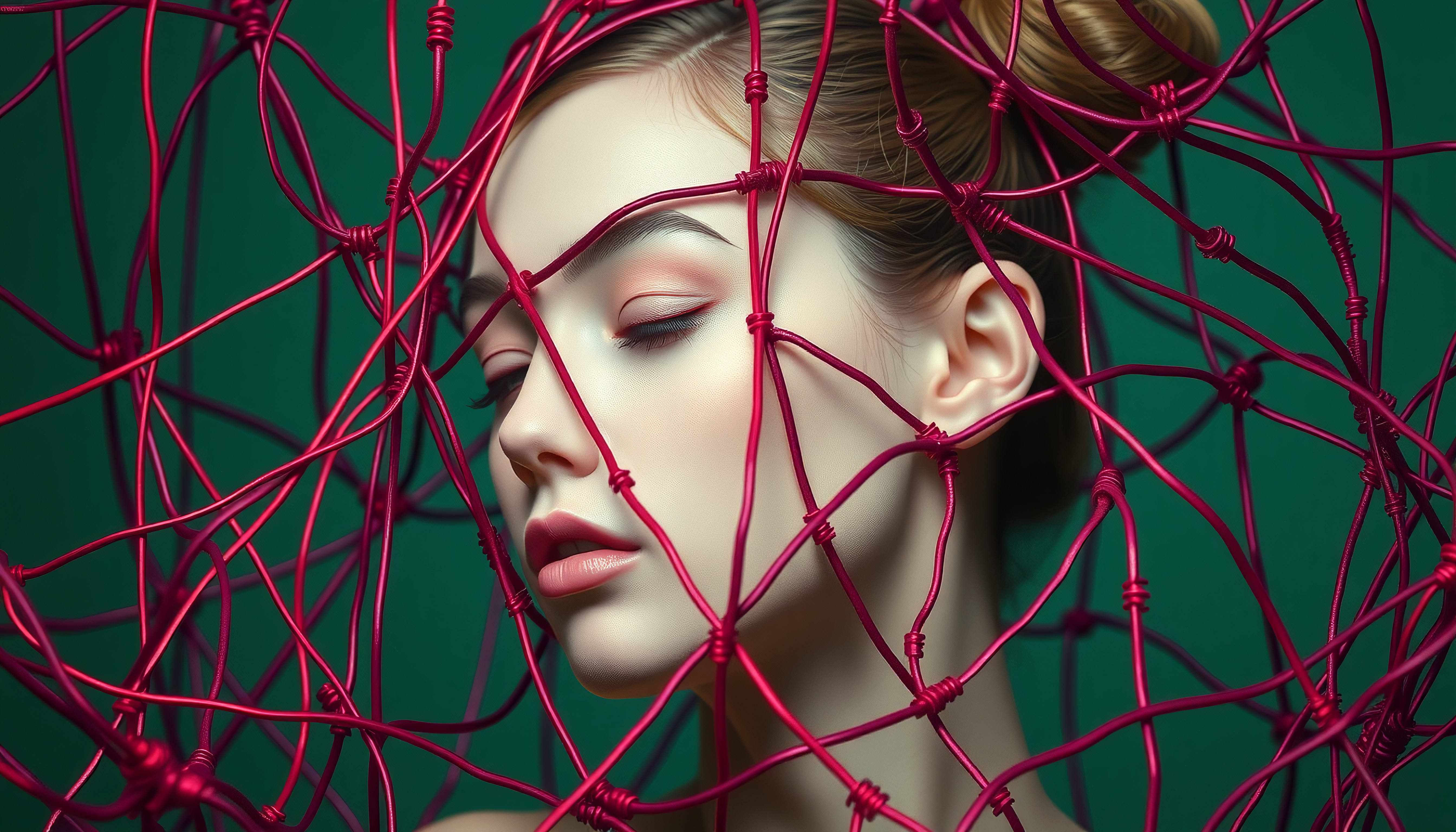 Red Wire Mesh Encasing a Serene Profile Against Green Background