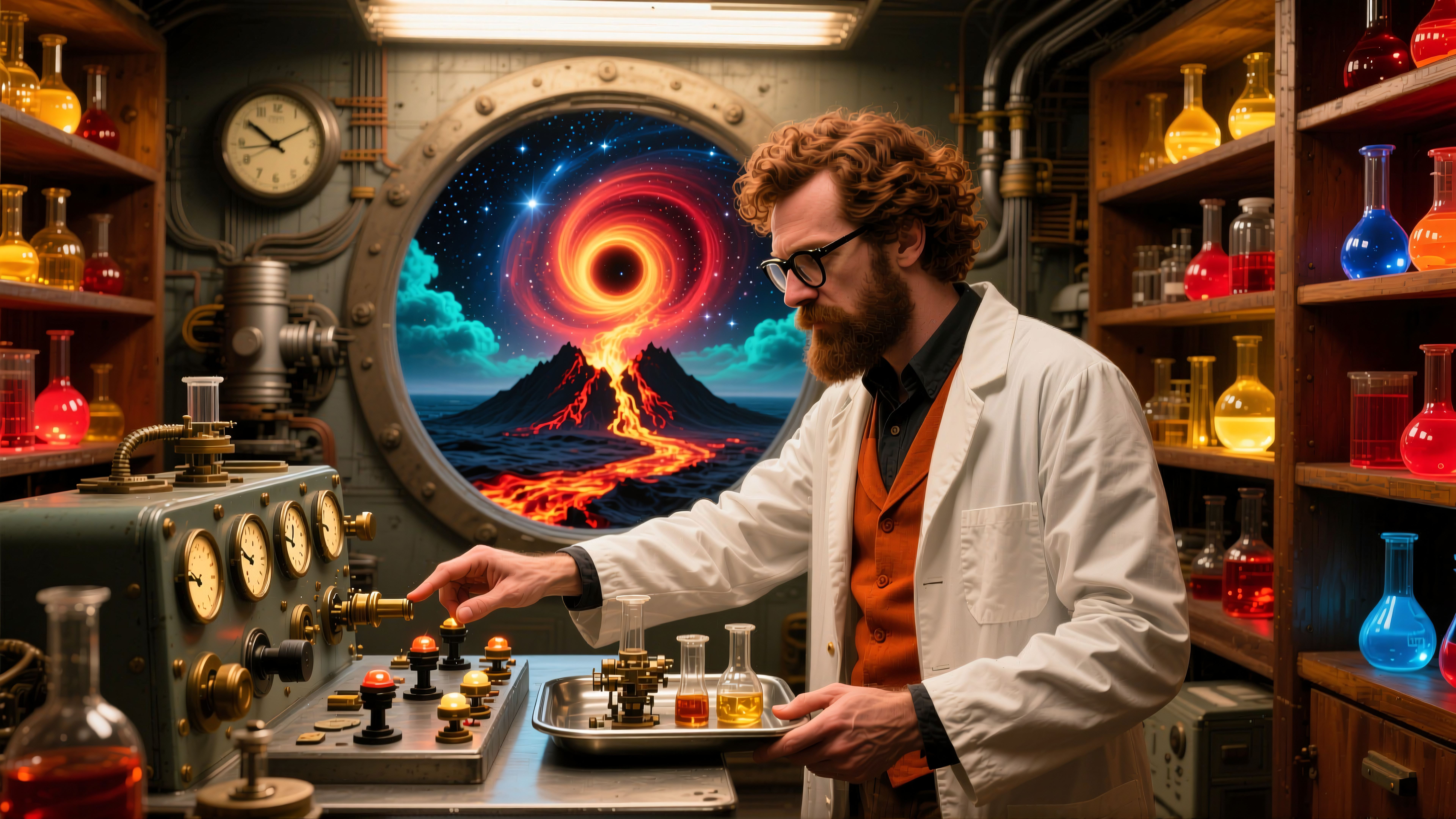 Vintage Laboratory Scientist Observing Cosmic Volcanic Phenomenon Through Porthole