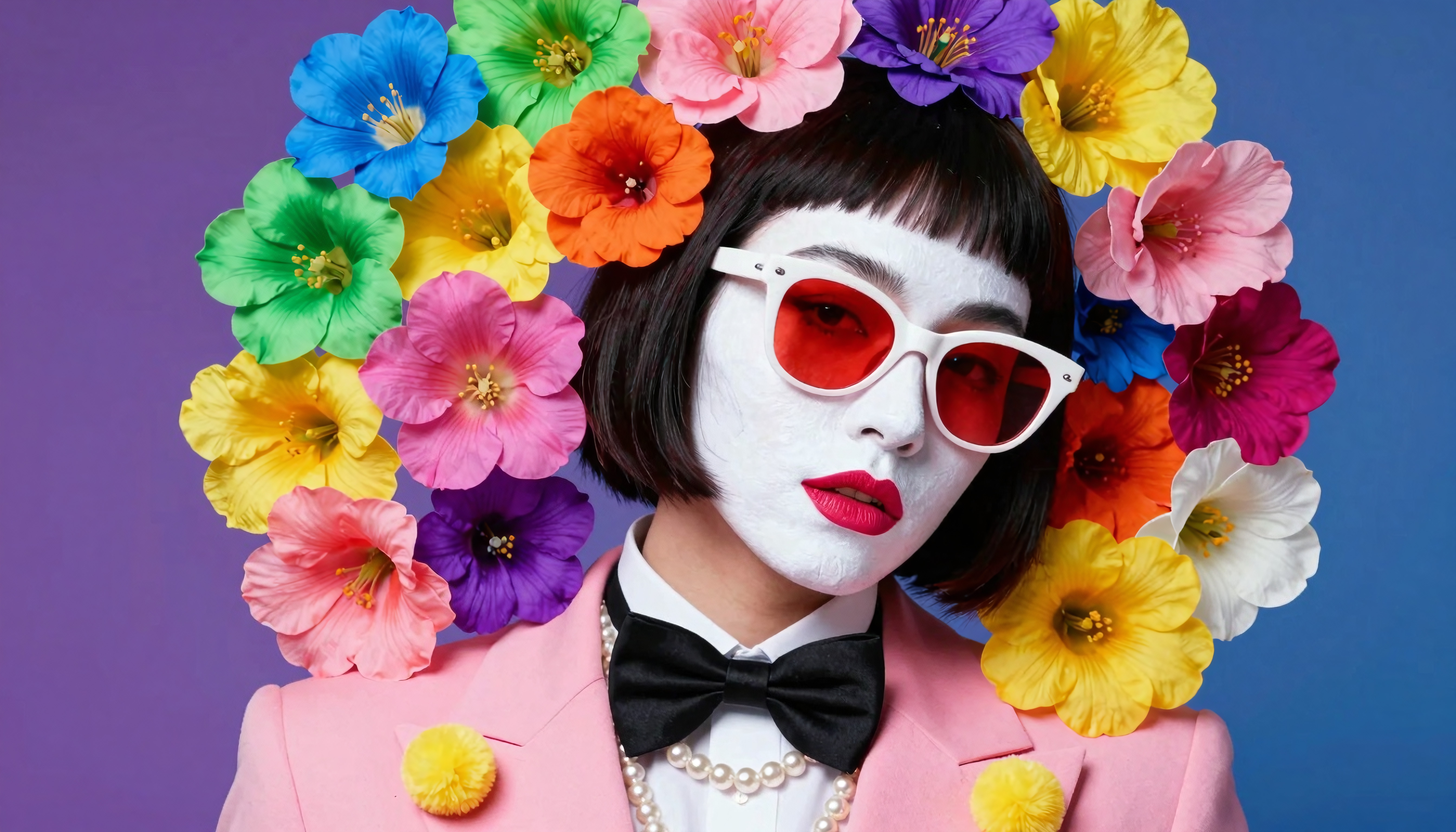 Vibrant Floral Portrait with White Face Paint and Pink Suit