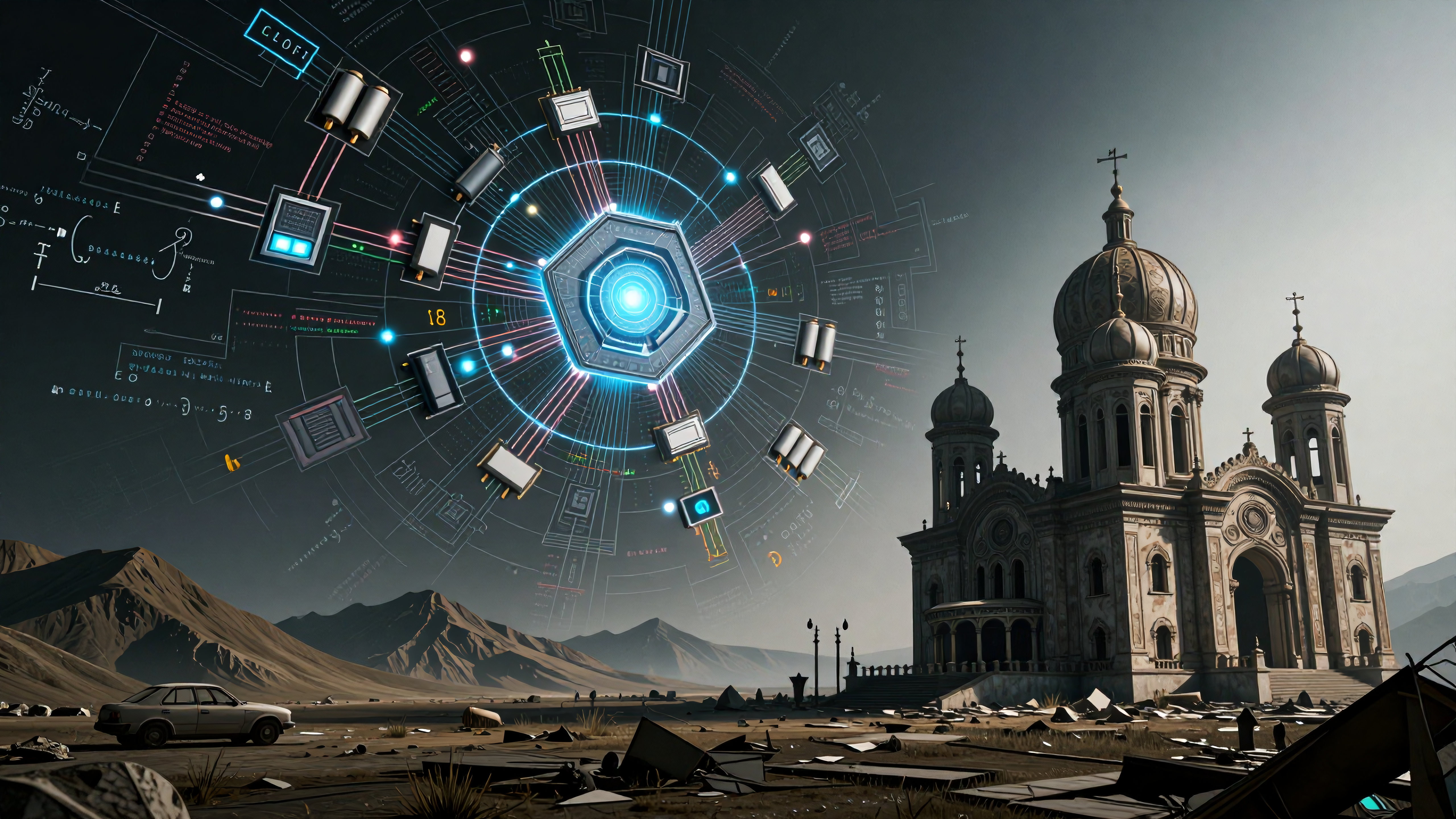 Futuristic digital interface above Eastern Orthodox church in desolate landscape