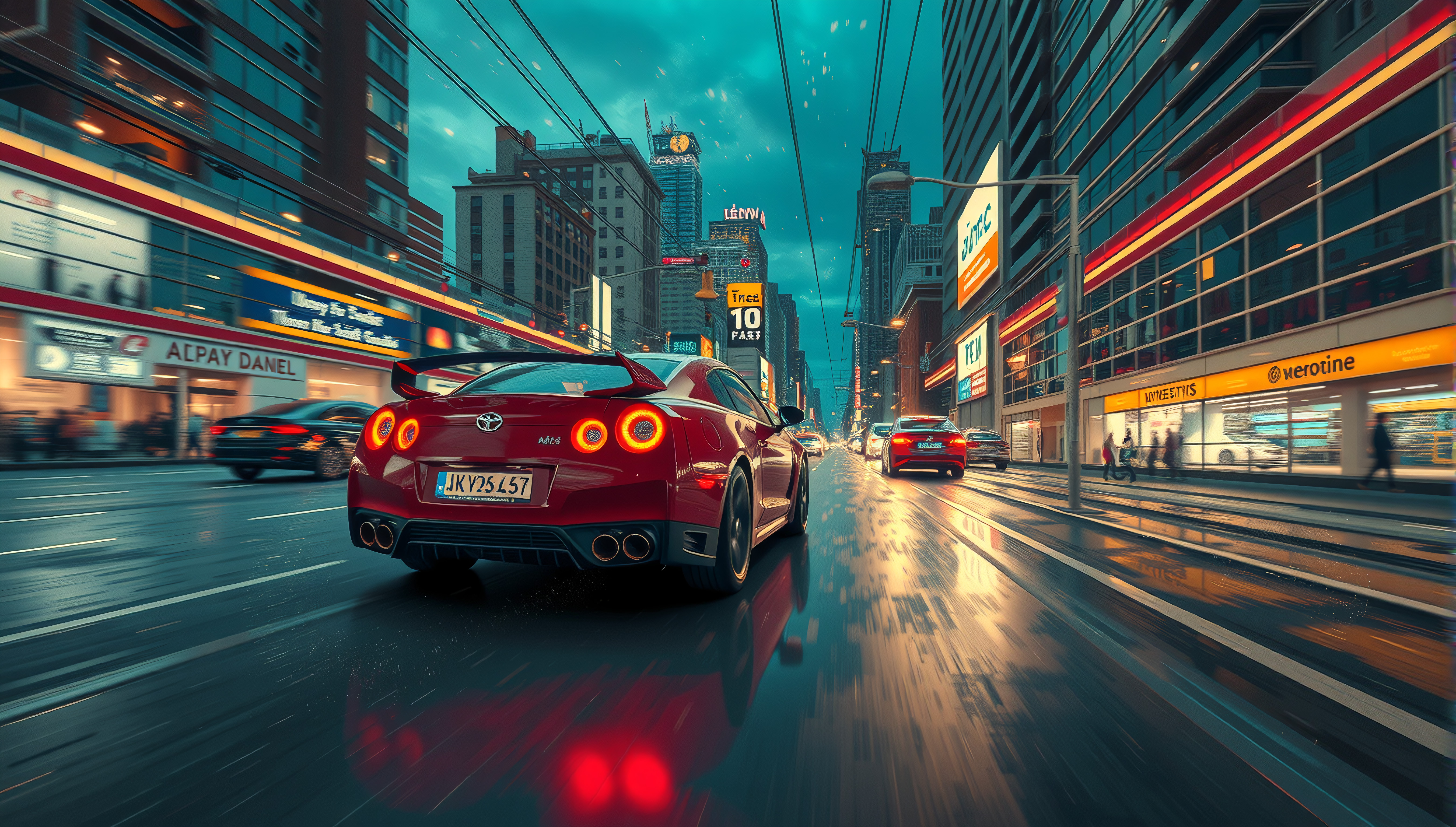 Rainy Urban Night Scene with Red Toyota Sports Car in City Street
