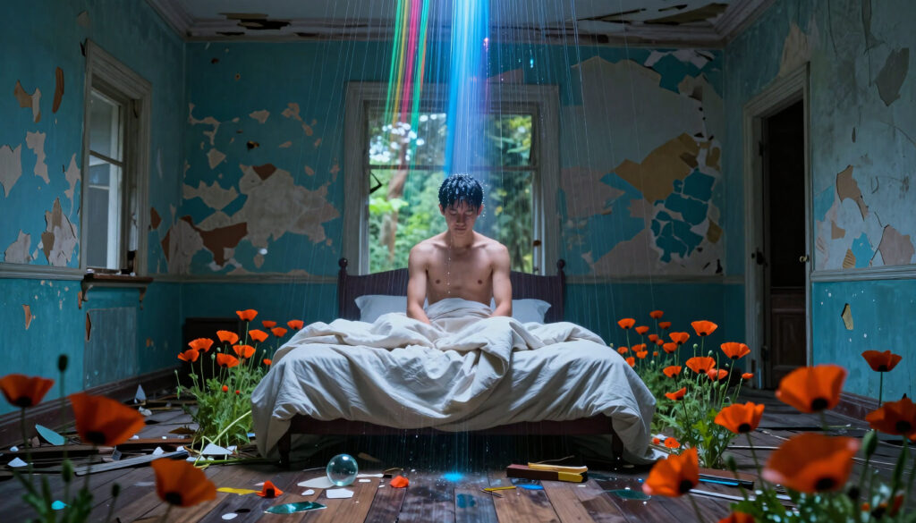 Man in Abandoned Blue Room Under Colorful Light Beams with Poppy Flowers