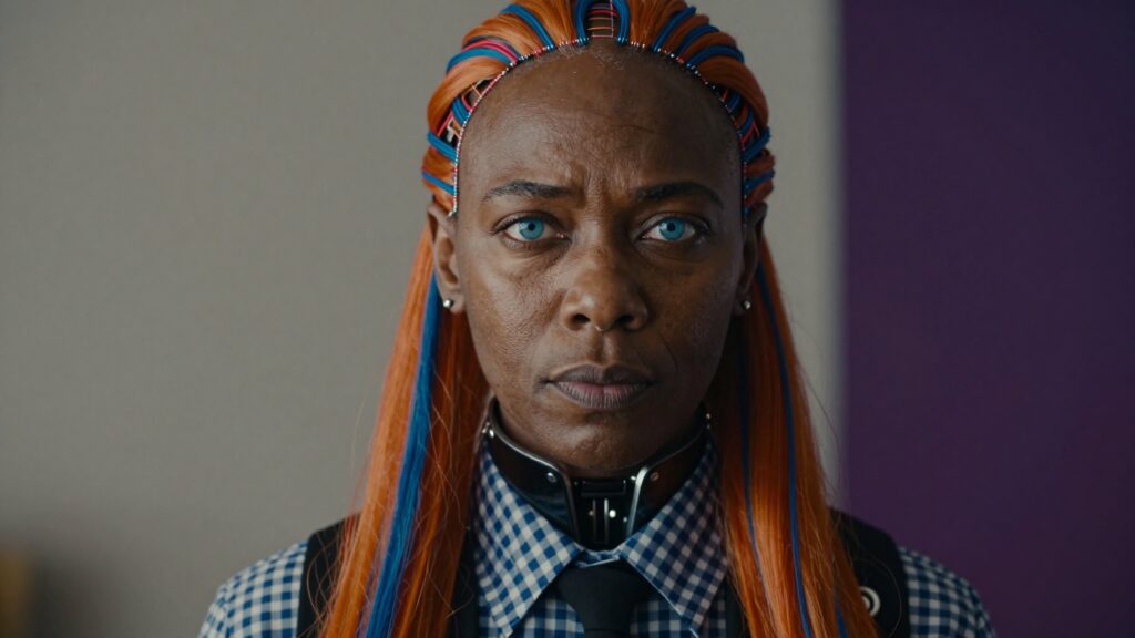 Portrait of individual with vibrant orange and blue braided hair wearing formal attire
