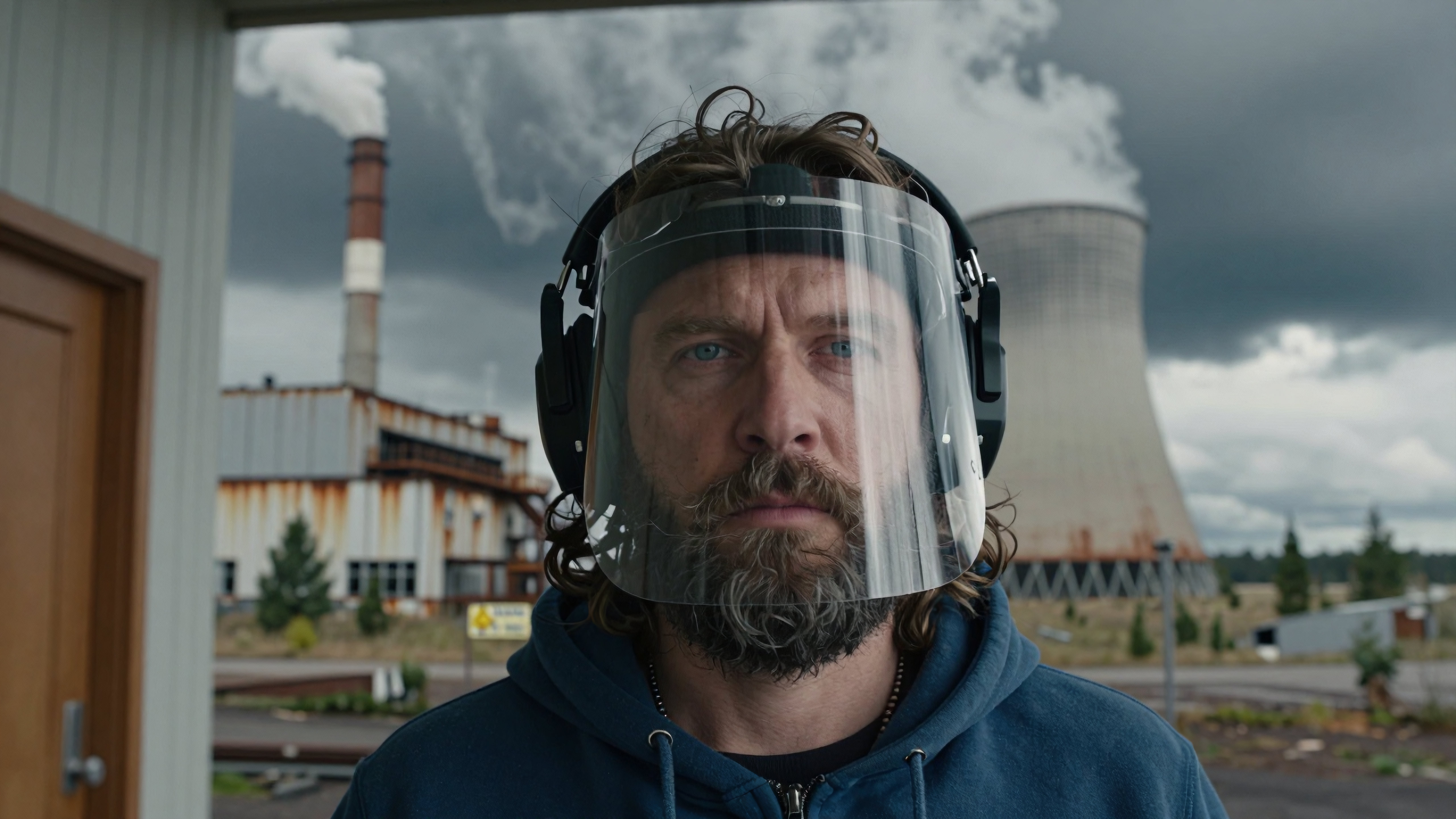 Man with Protective Face Shield and Headphones Near Power Plant