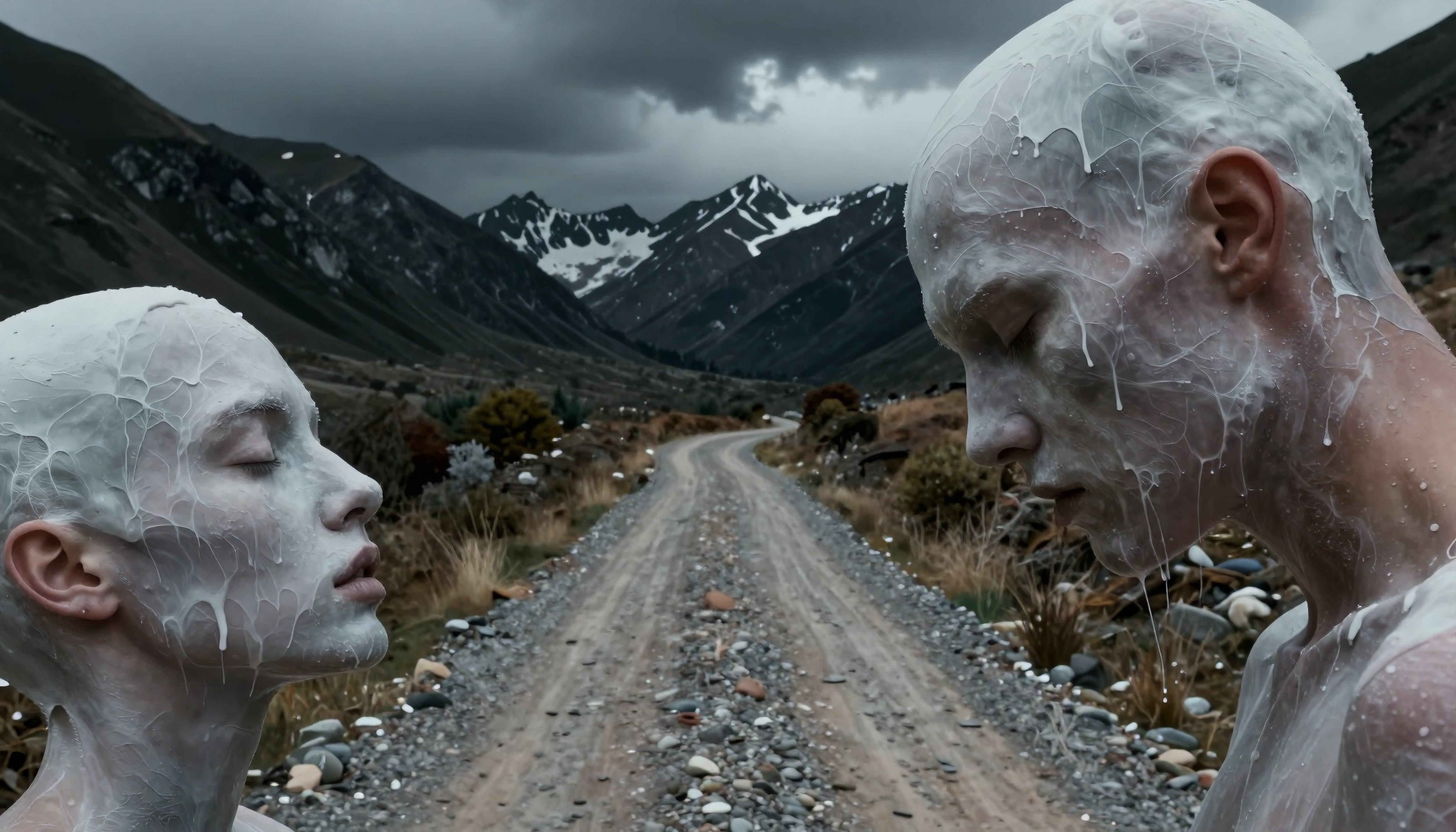 Two figures with deconstructed skin stand by a desolate mountain road under a dramatic sky