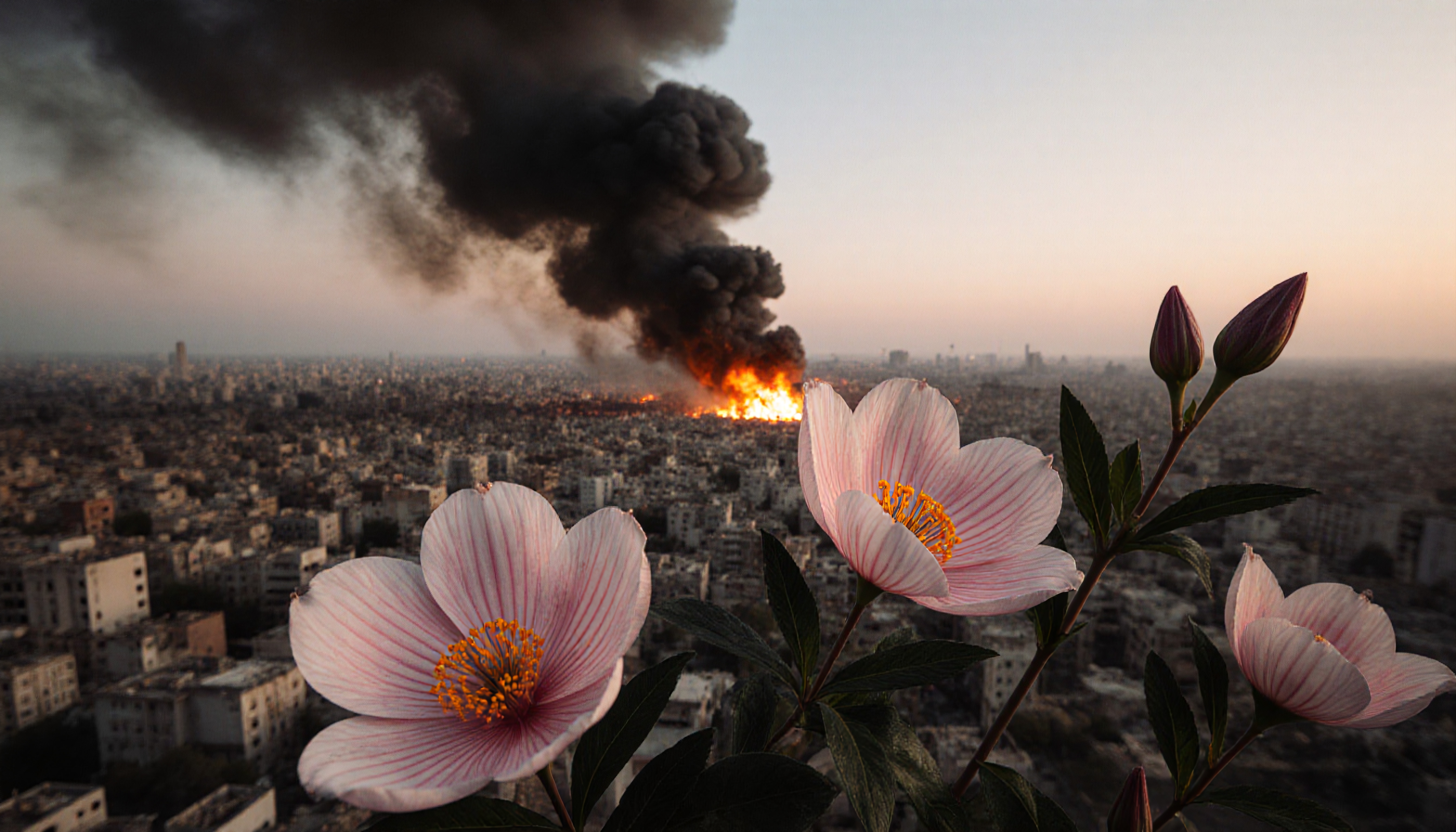 City Fire and Blooming Flowers at Dusk