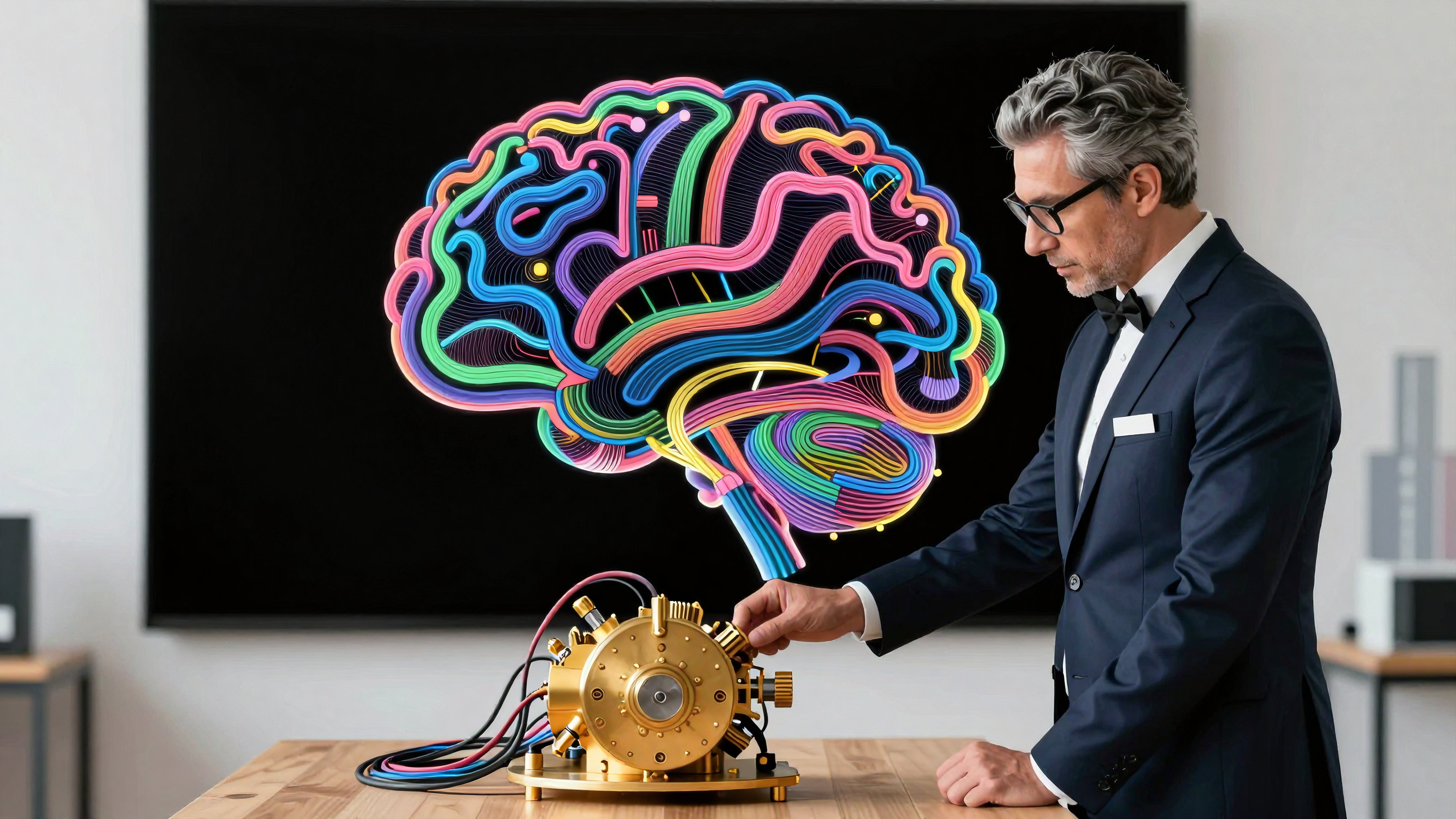 Businessman Adjusting Golden Tech Device with Vibrant Digital Brain Visualization