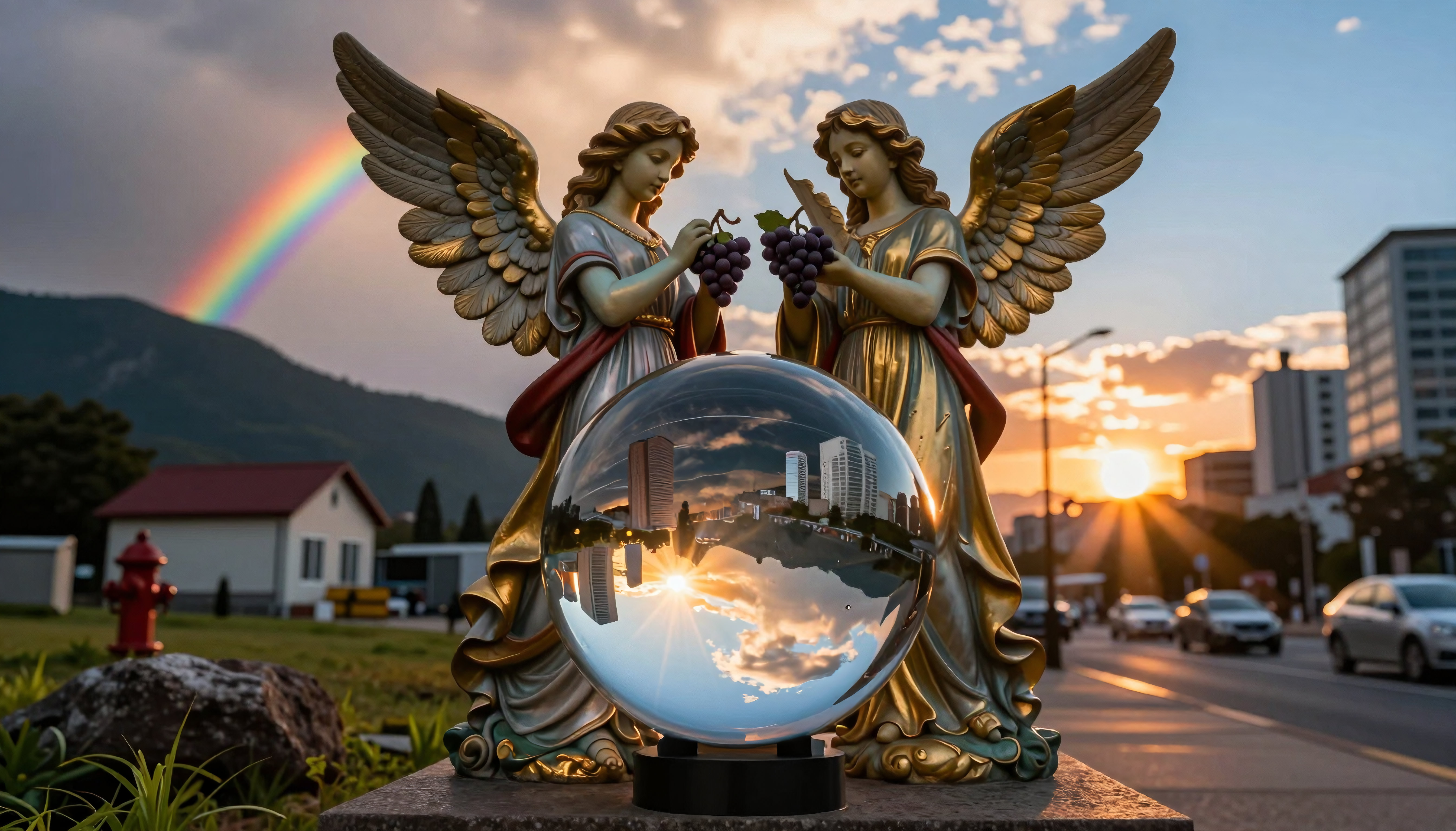 Angelic Statues with Grapes and Rainbow at Sunset