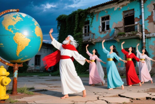 Dancing figures and globe in an abandoned urban courtyard