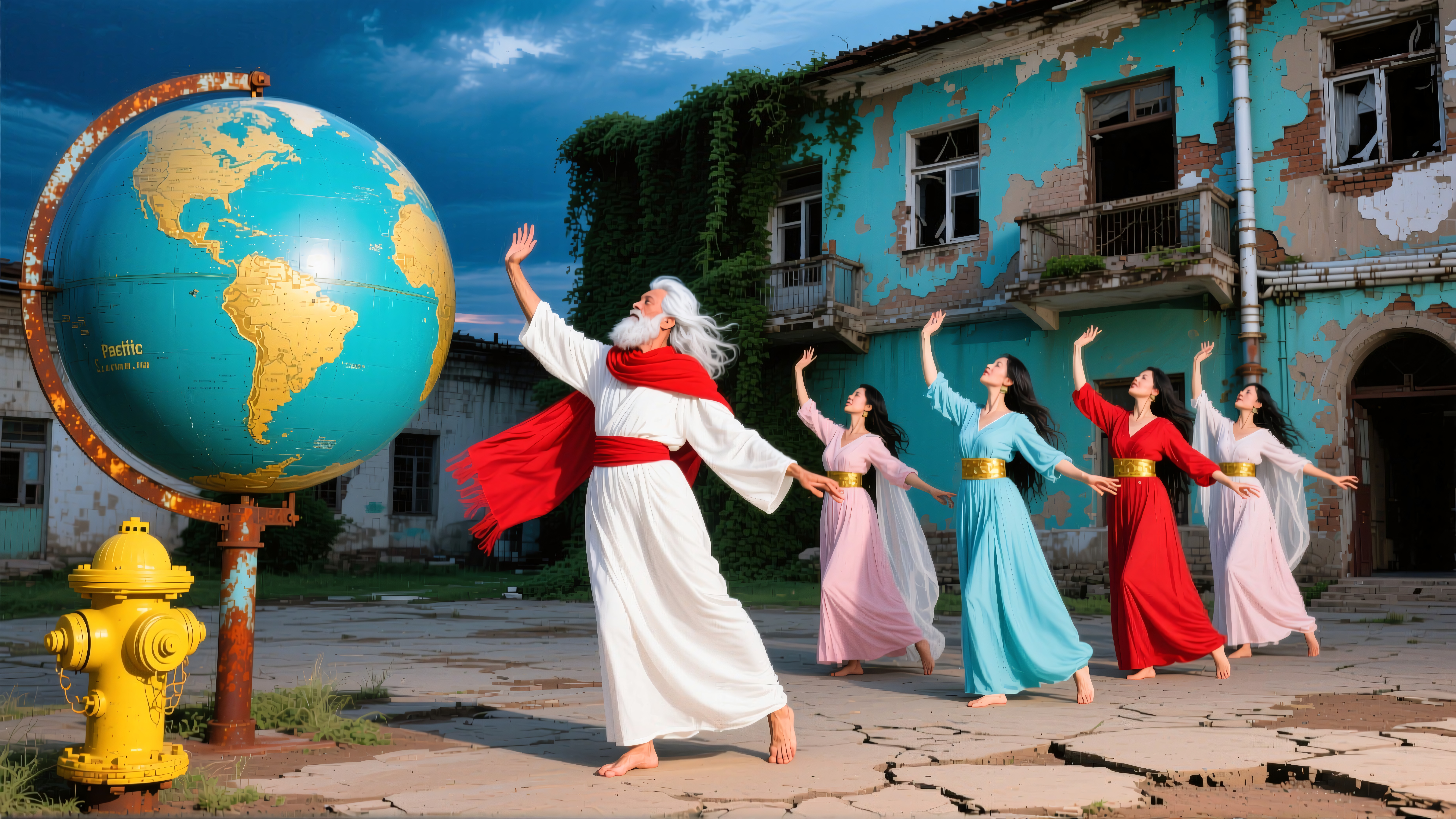 Dancing figures and globe in an abandoned urban courtyard