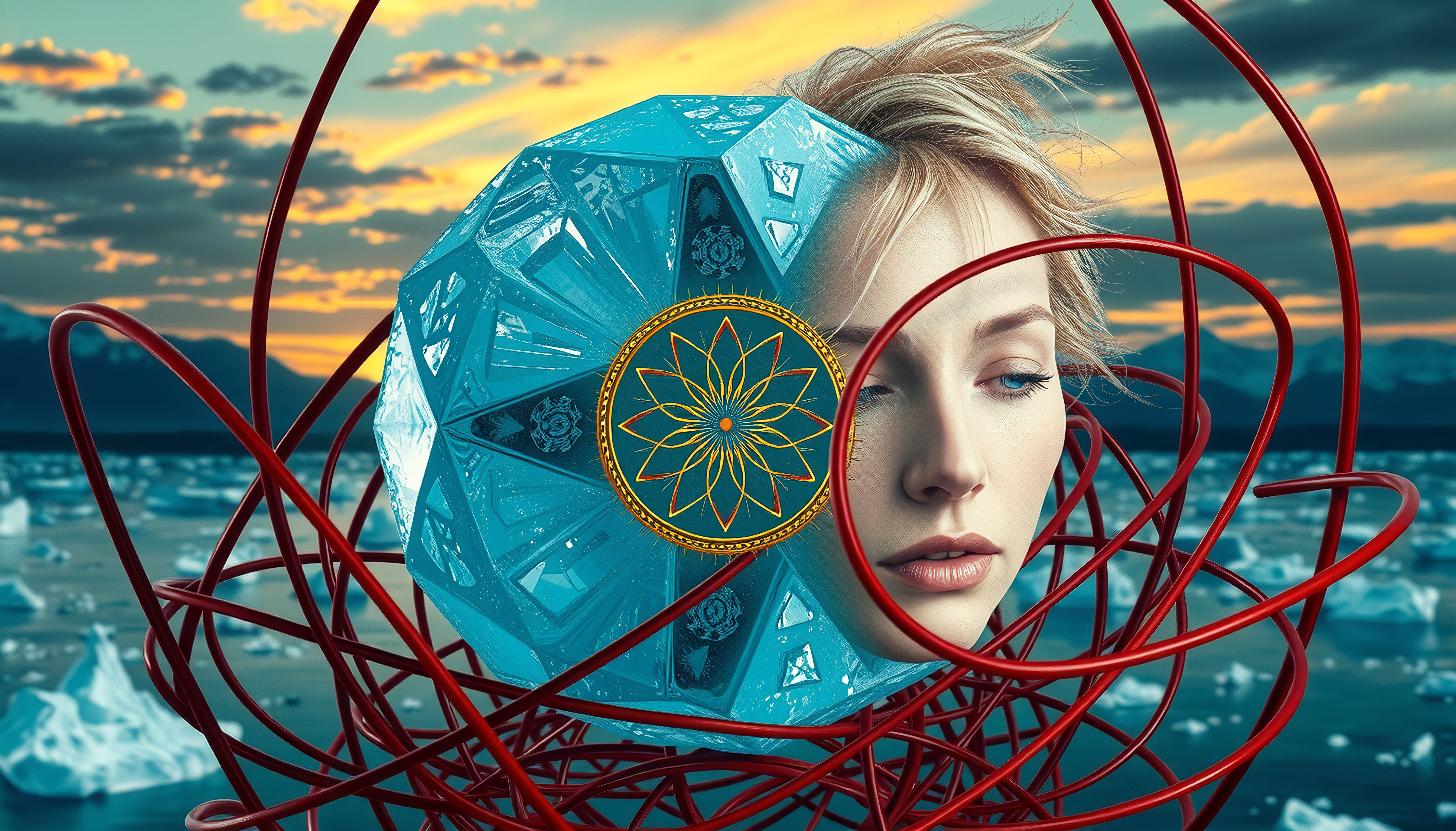 Woman with Blue Crystal Sphere and Red Wire Structure Amidst Arctic Sunset