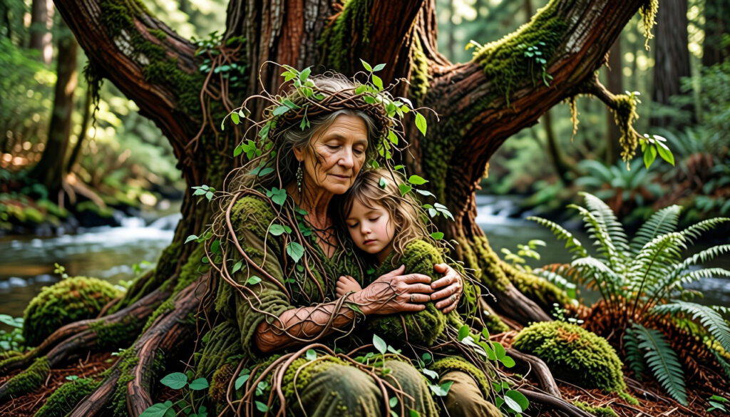 Gaia and Child Embracing Under Mossy Forest Tree