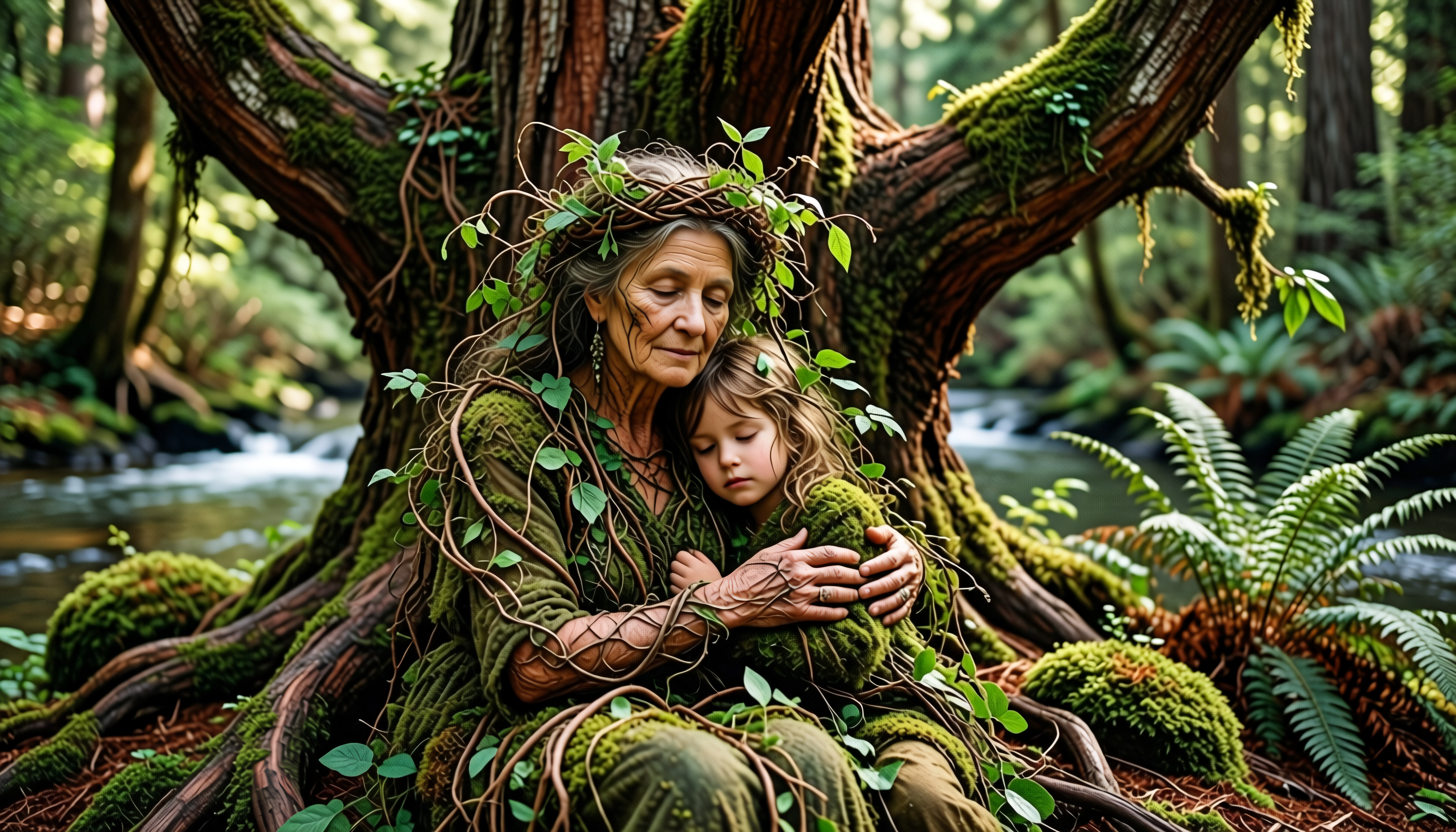 Elderly Woman and Child Embracing Under Mossy Forest Tree