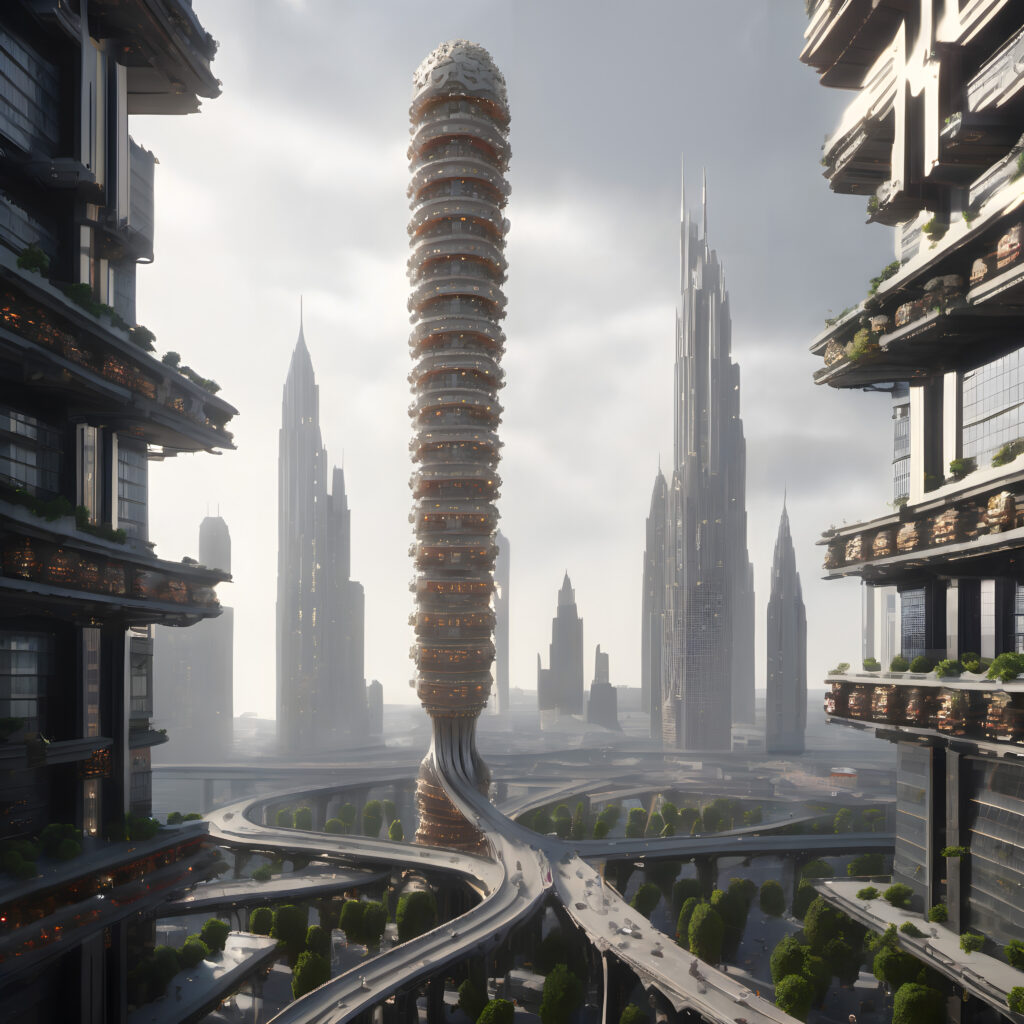 Futuristic Urban Skyline with Helical Tower