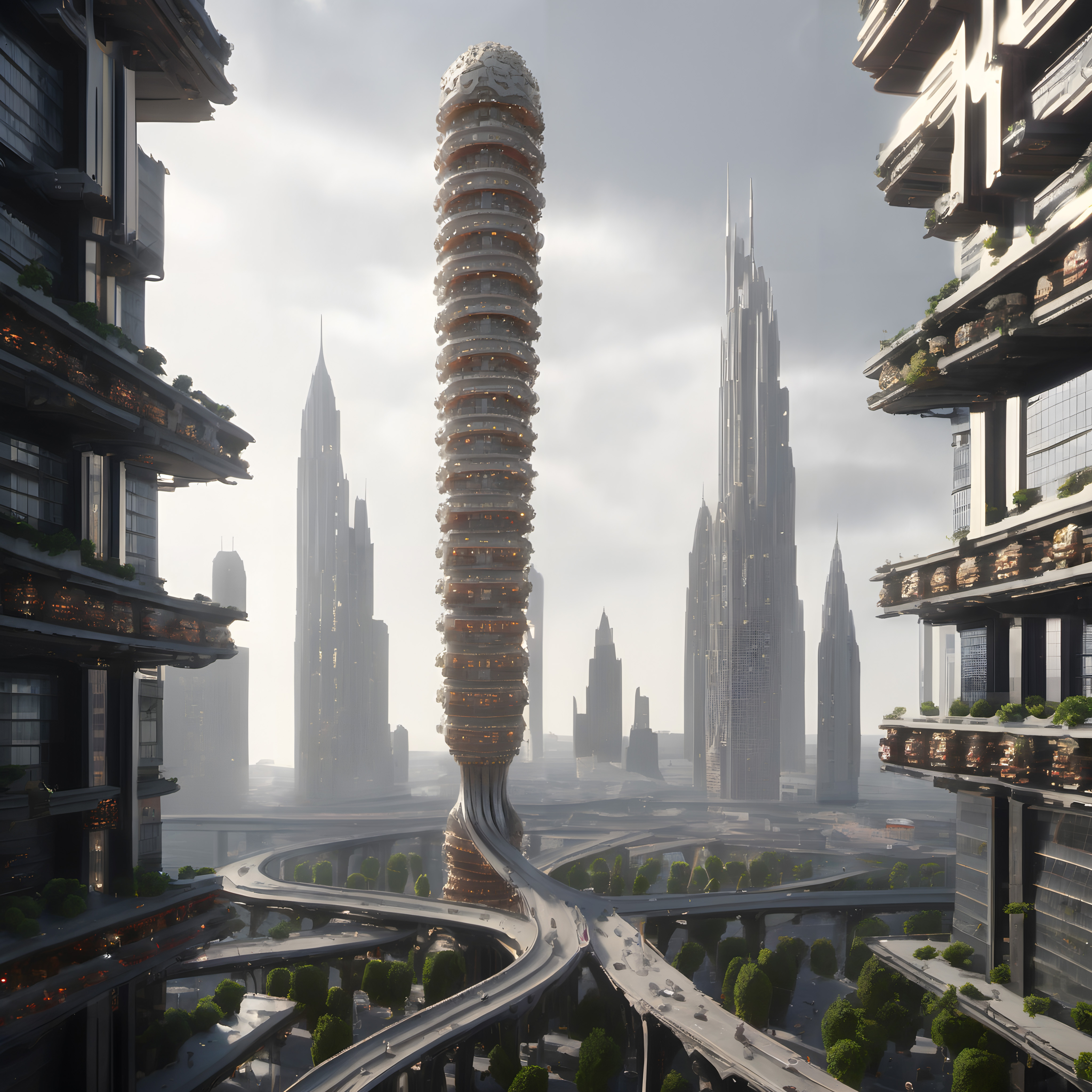 Futuristic Urban Skyline with Helical Tower and Elevated Transit Systems