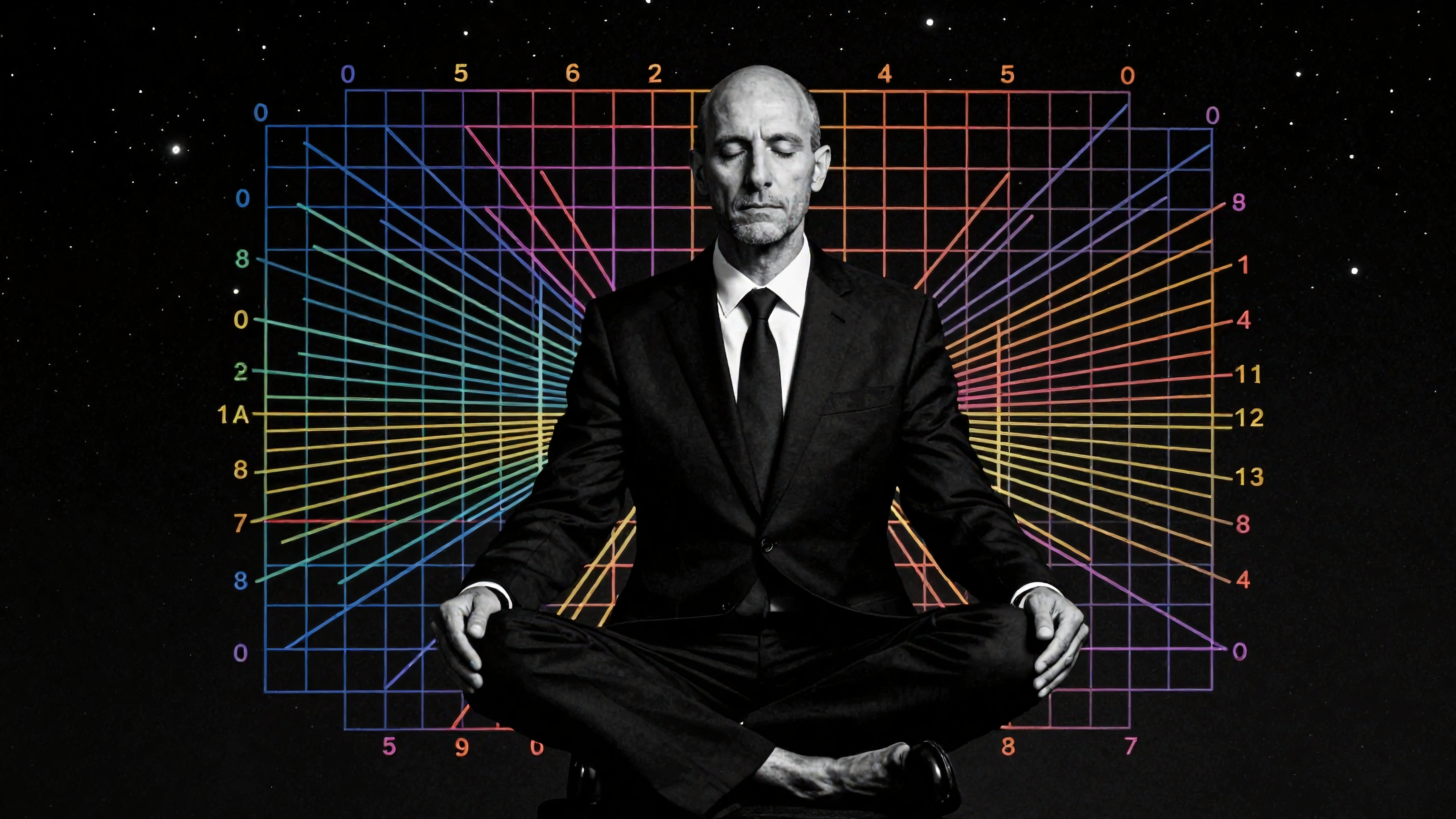 Meditative Businessman with Colorful Data Grid against Cosmic Background