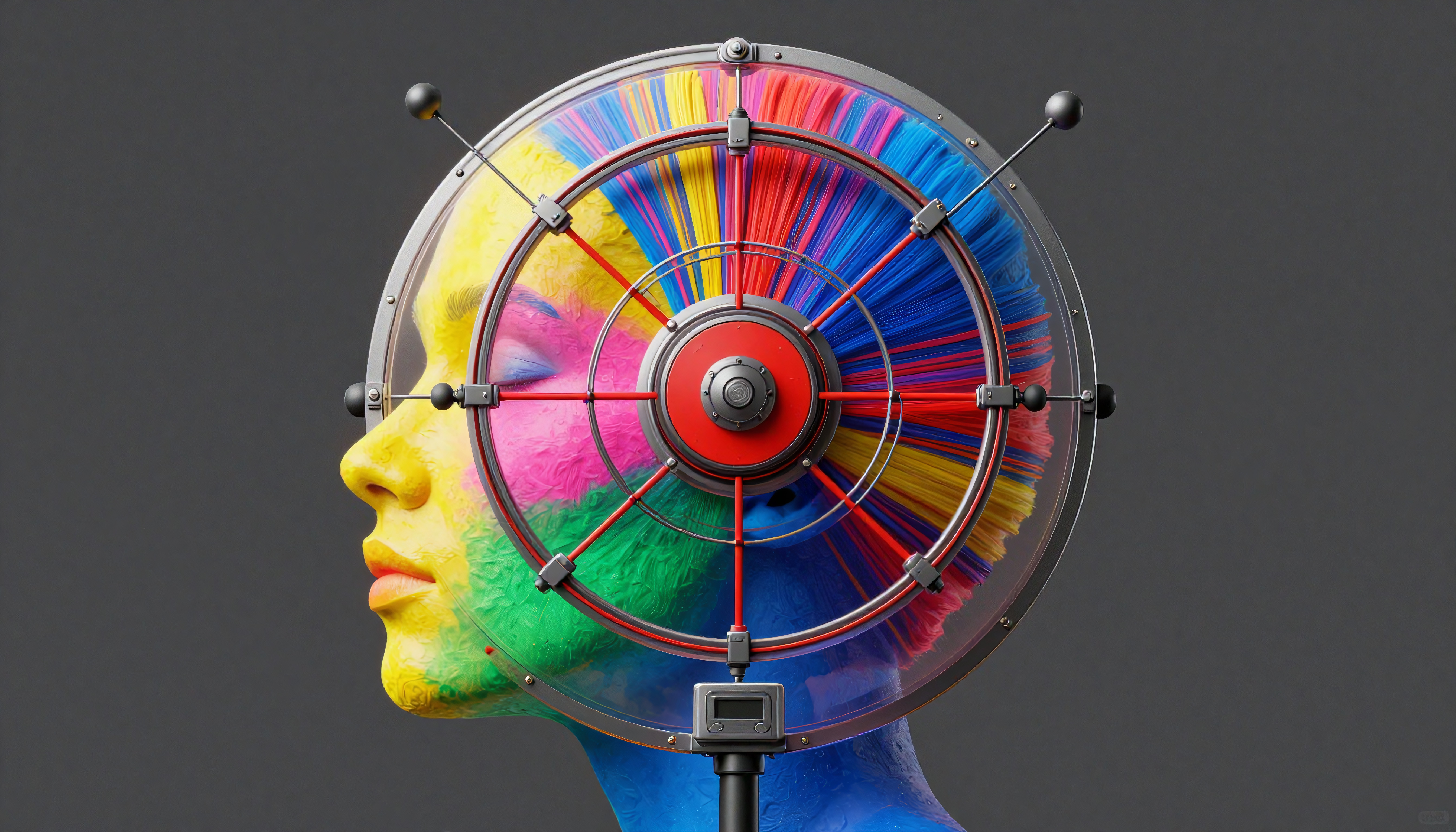 Human Head with Vibrant Mechanical Color Wheel Fusion Art