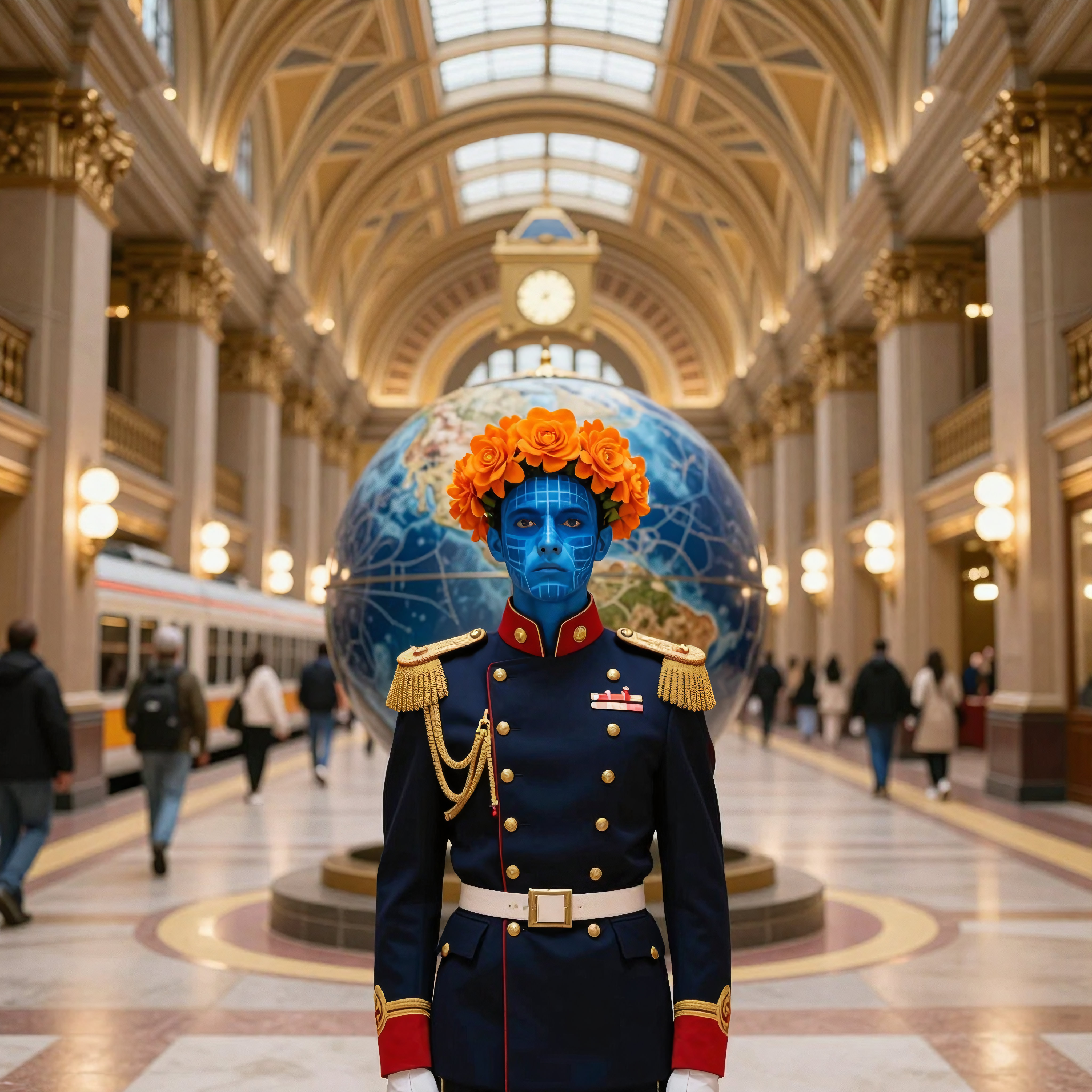 Blue-Skinned Figure in Military Uniform with Orange Roses at Grand Train Station