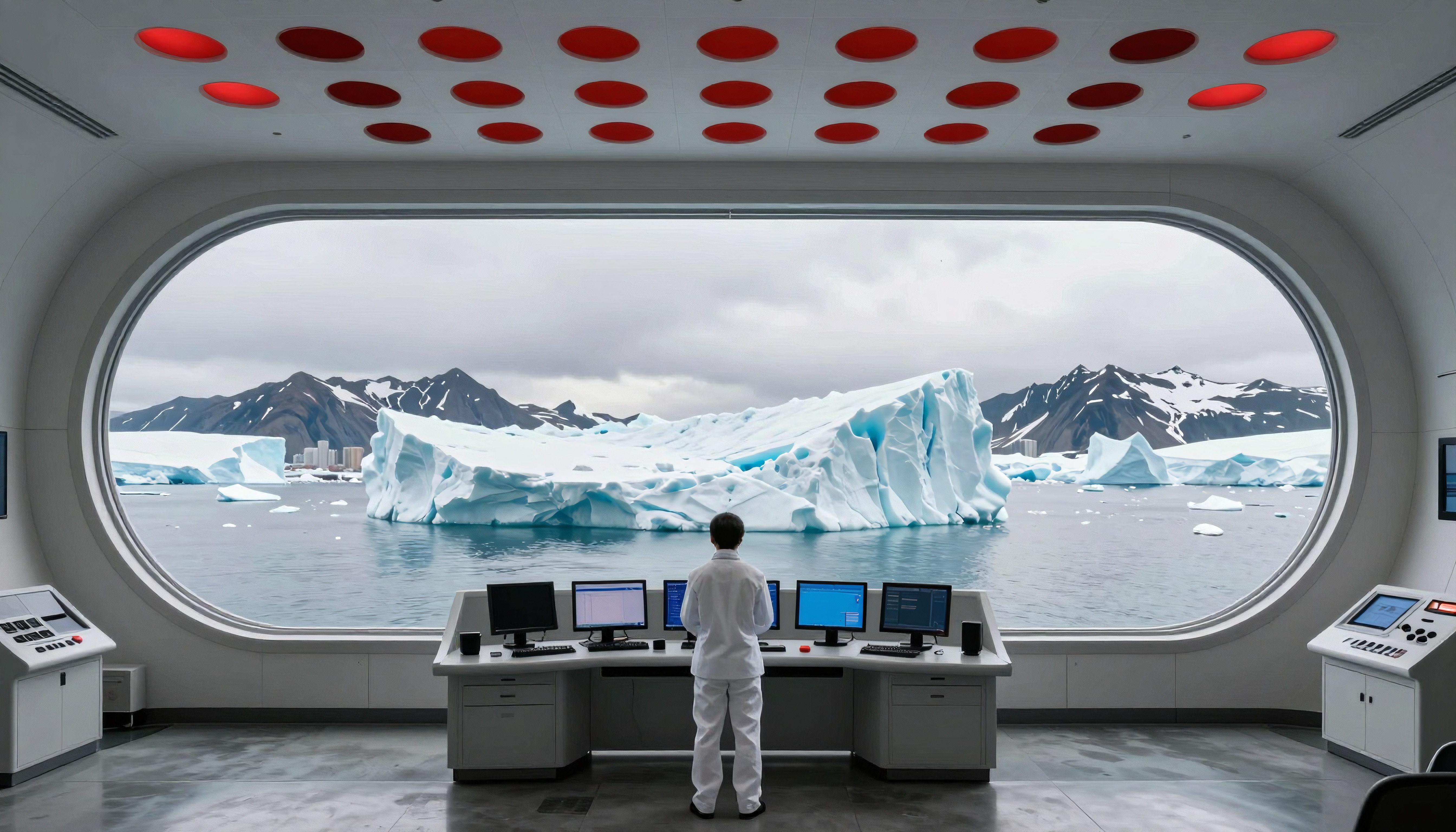 Researcher observing polar ice through a modern facility's panoramic window