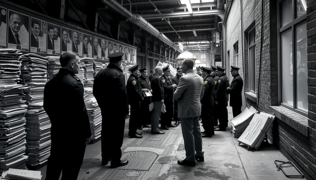 Police Officers and Official in Industrial Warehouse