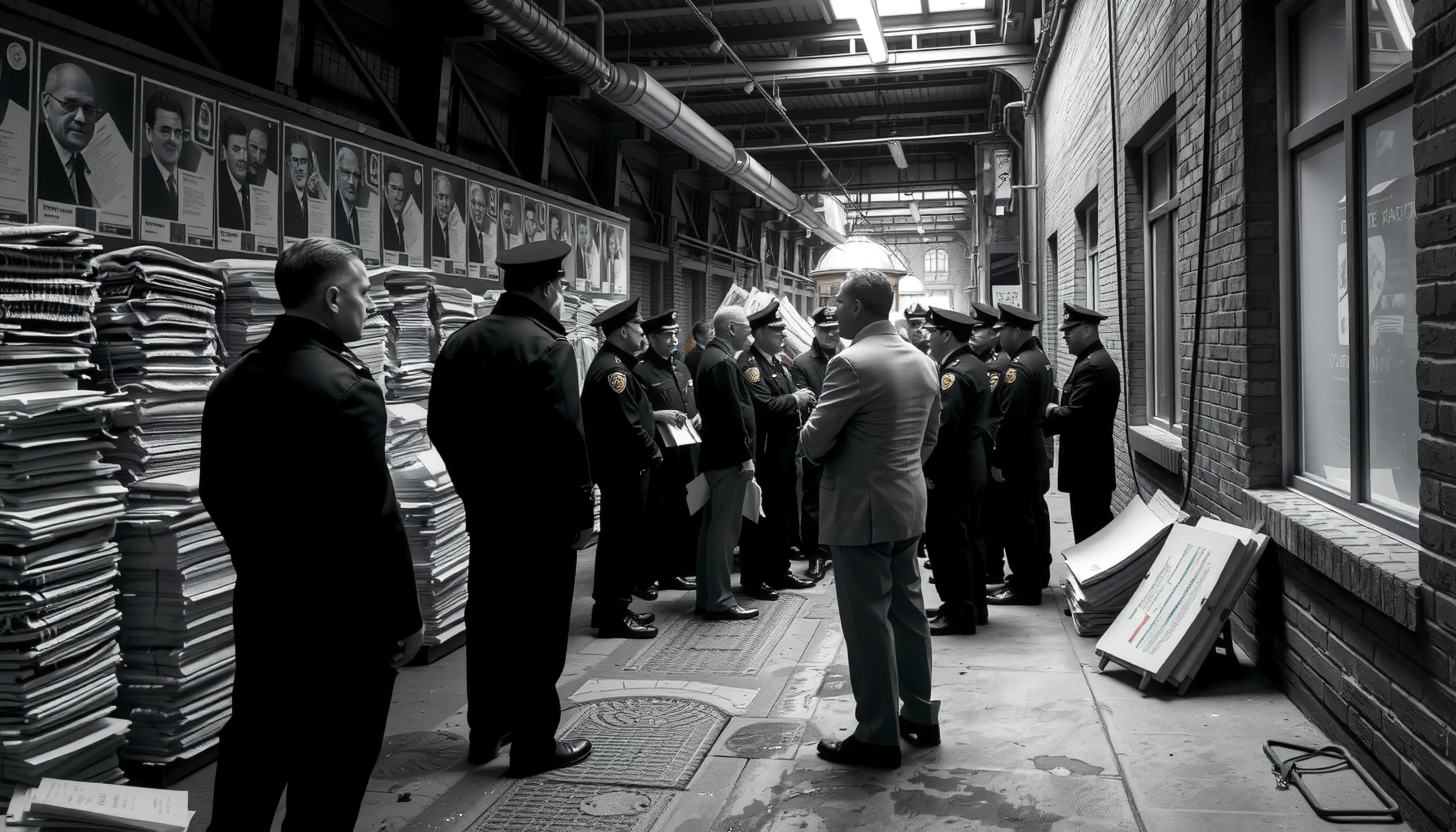Police Officers and Official Gather in Industrial Warehouse with Document Stacks