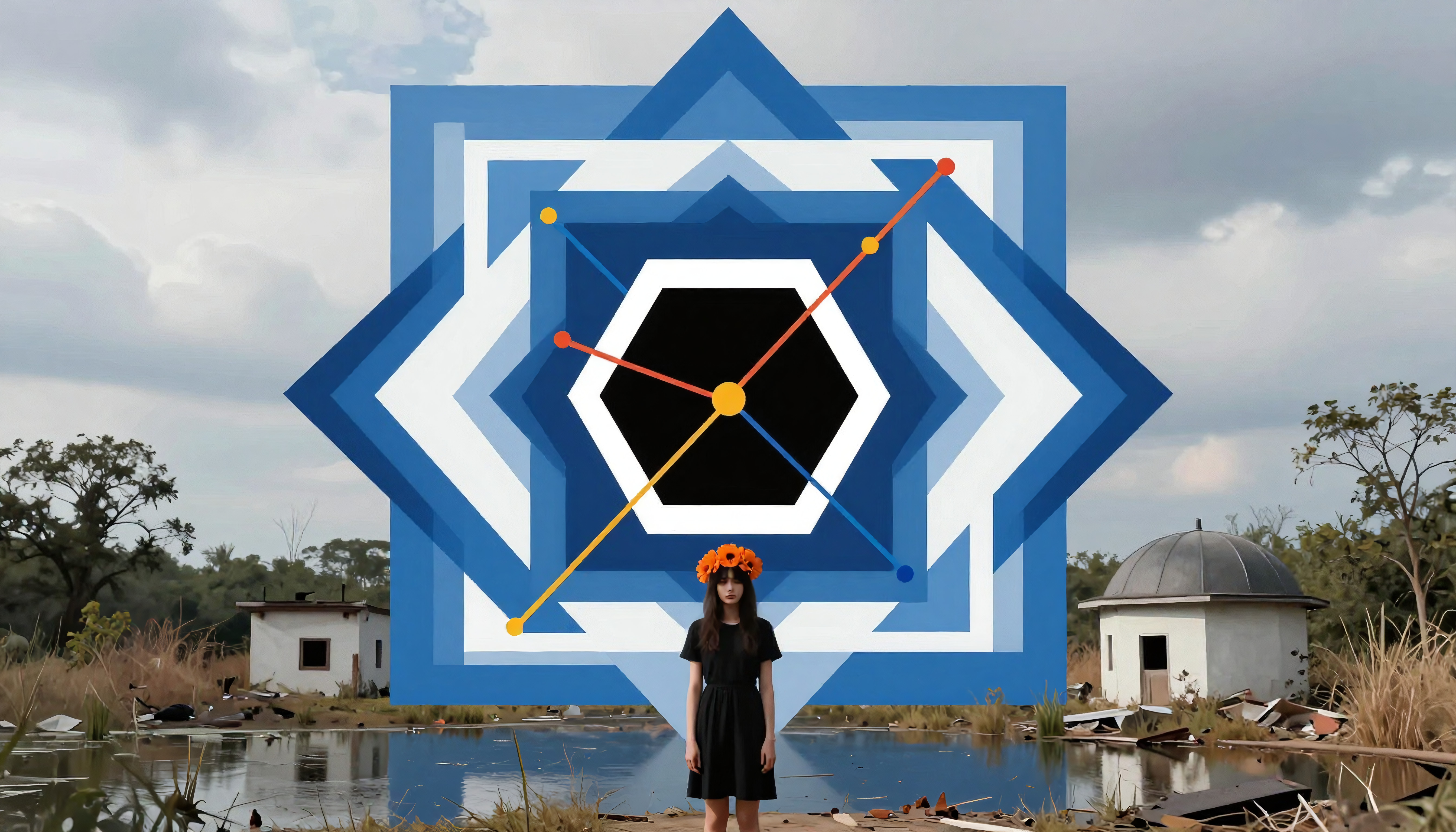 Geometric Overlay with Woman in Flower Crown Near Abandoned Site