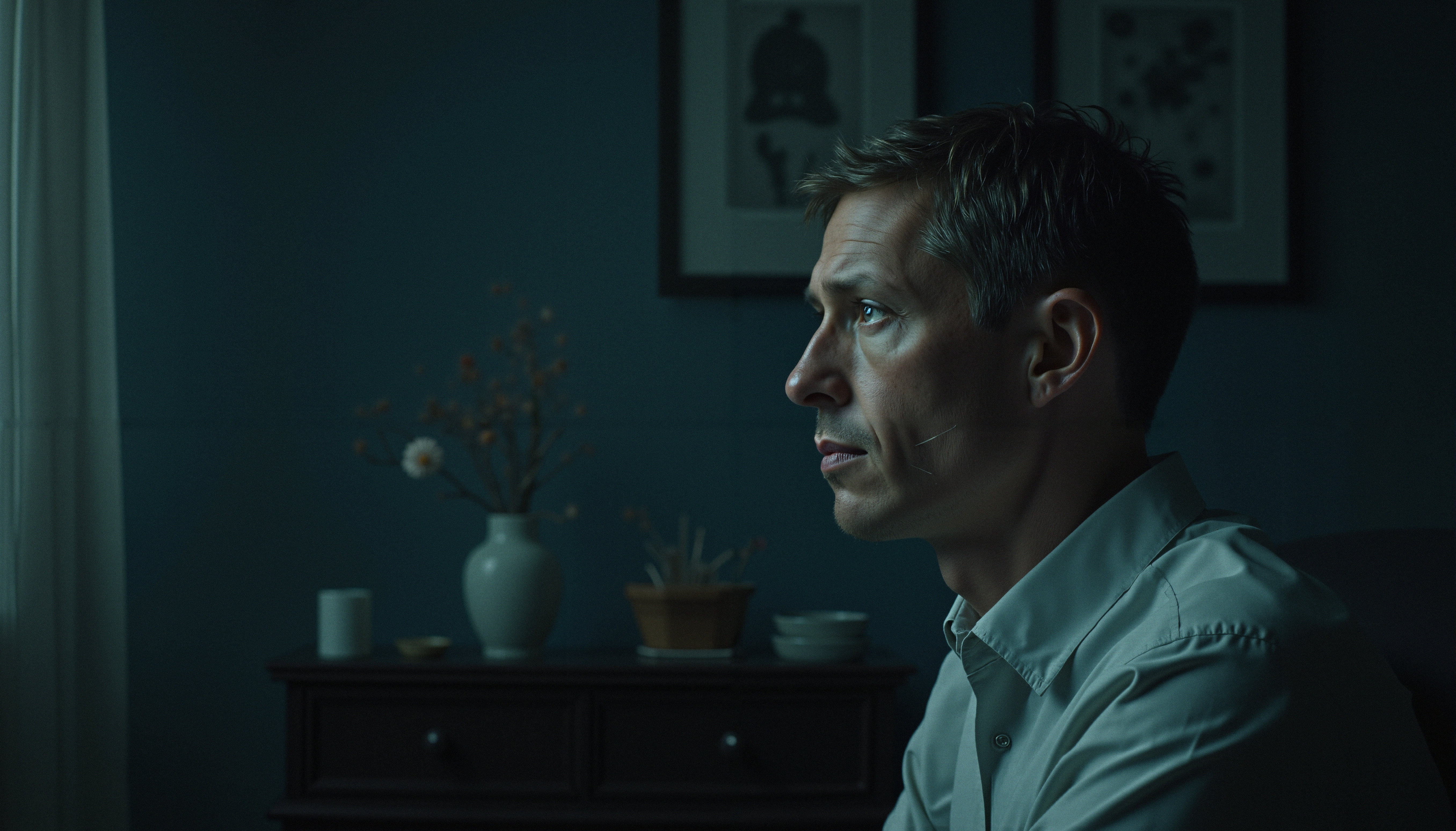 Contemplative Man in Indoor Setting: Deep Thought and Focus