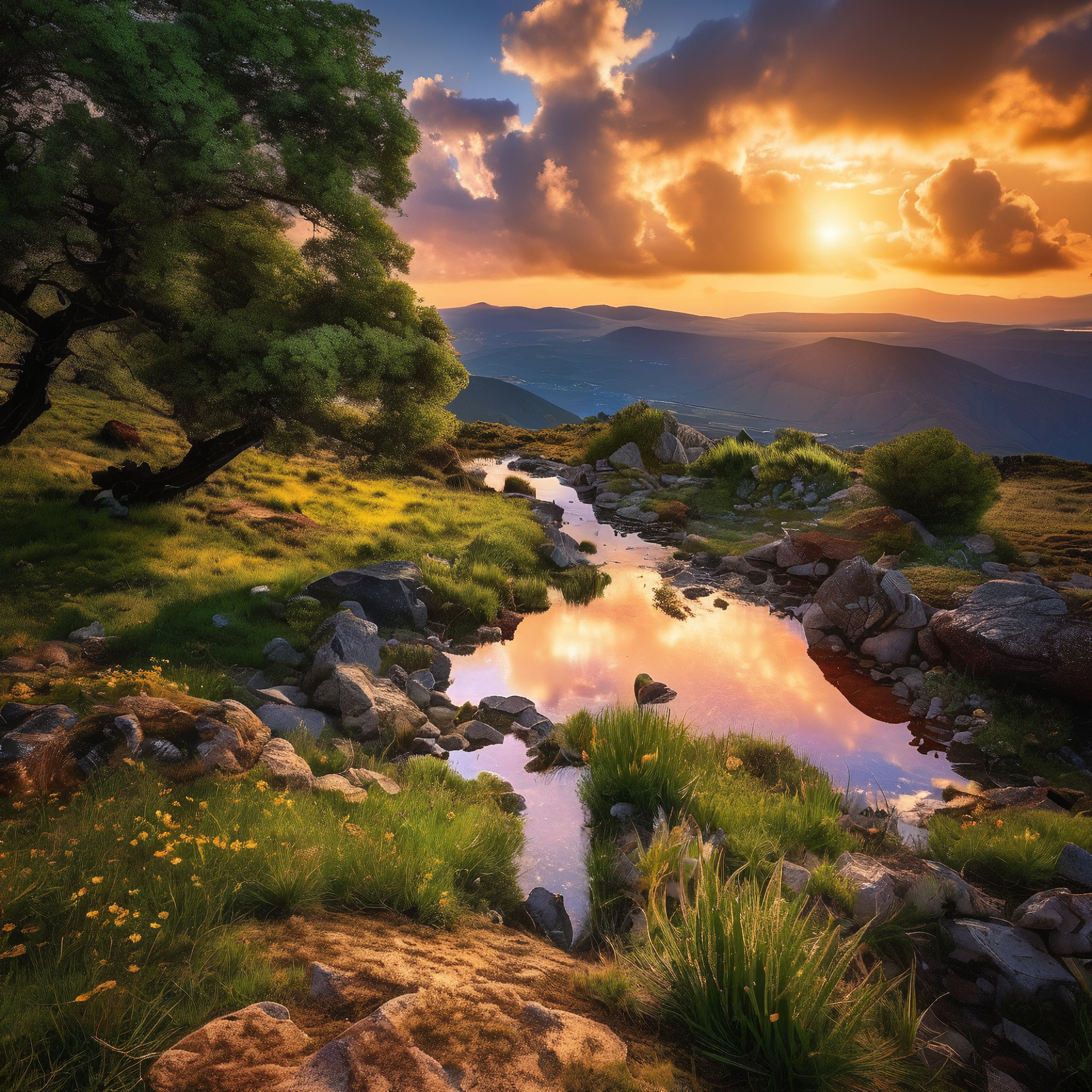Tranquil Mountain Stream Sunset Landscape with Golden Hour Reflections