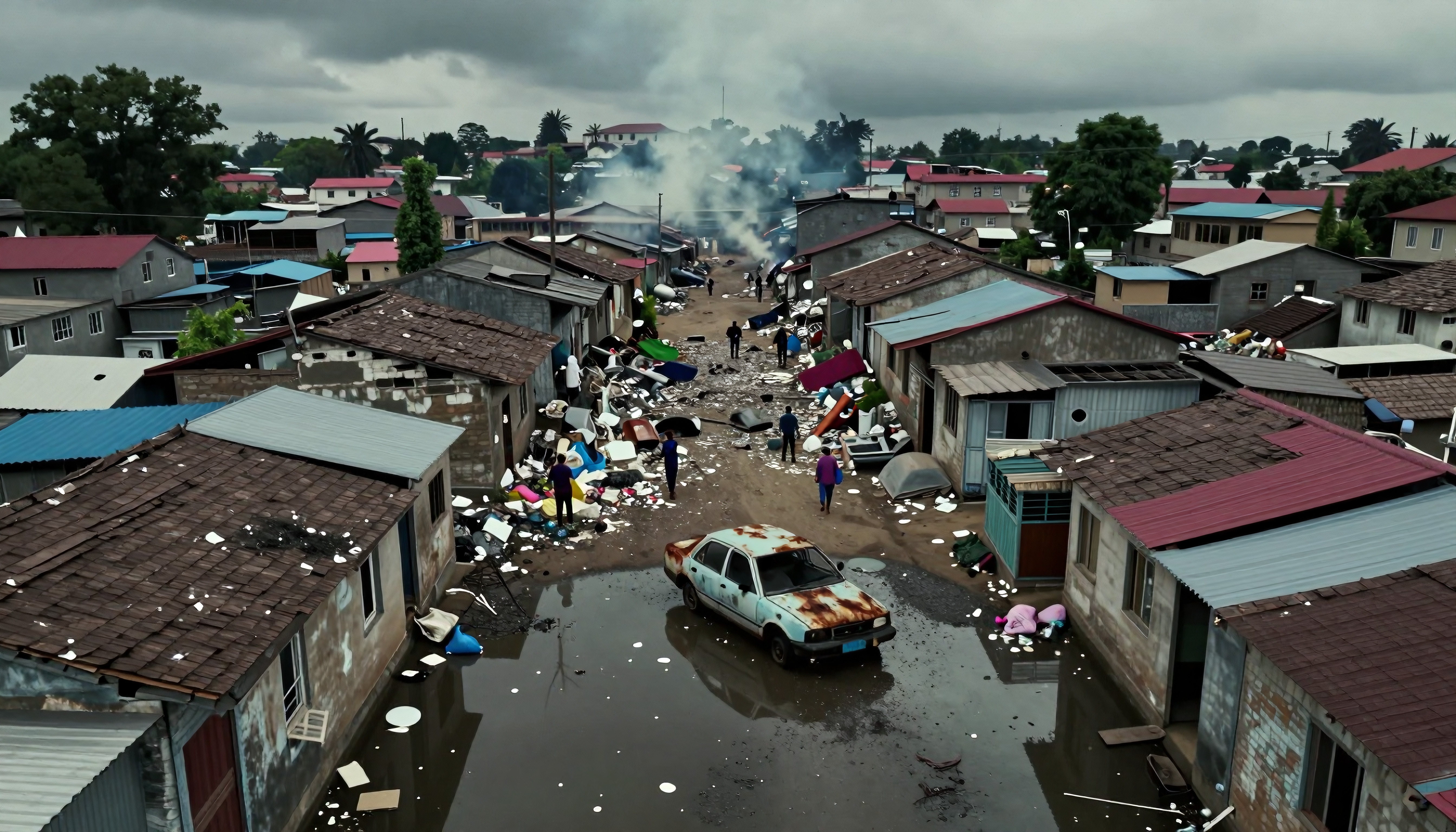Post-disaster urban neighborhood with debris and flood damage