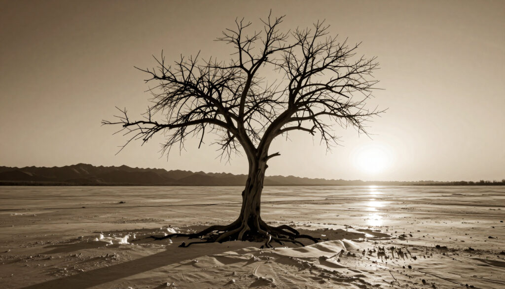 Lone Dead Tree in Sepia-Toned Arid Landscape at Sunset