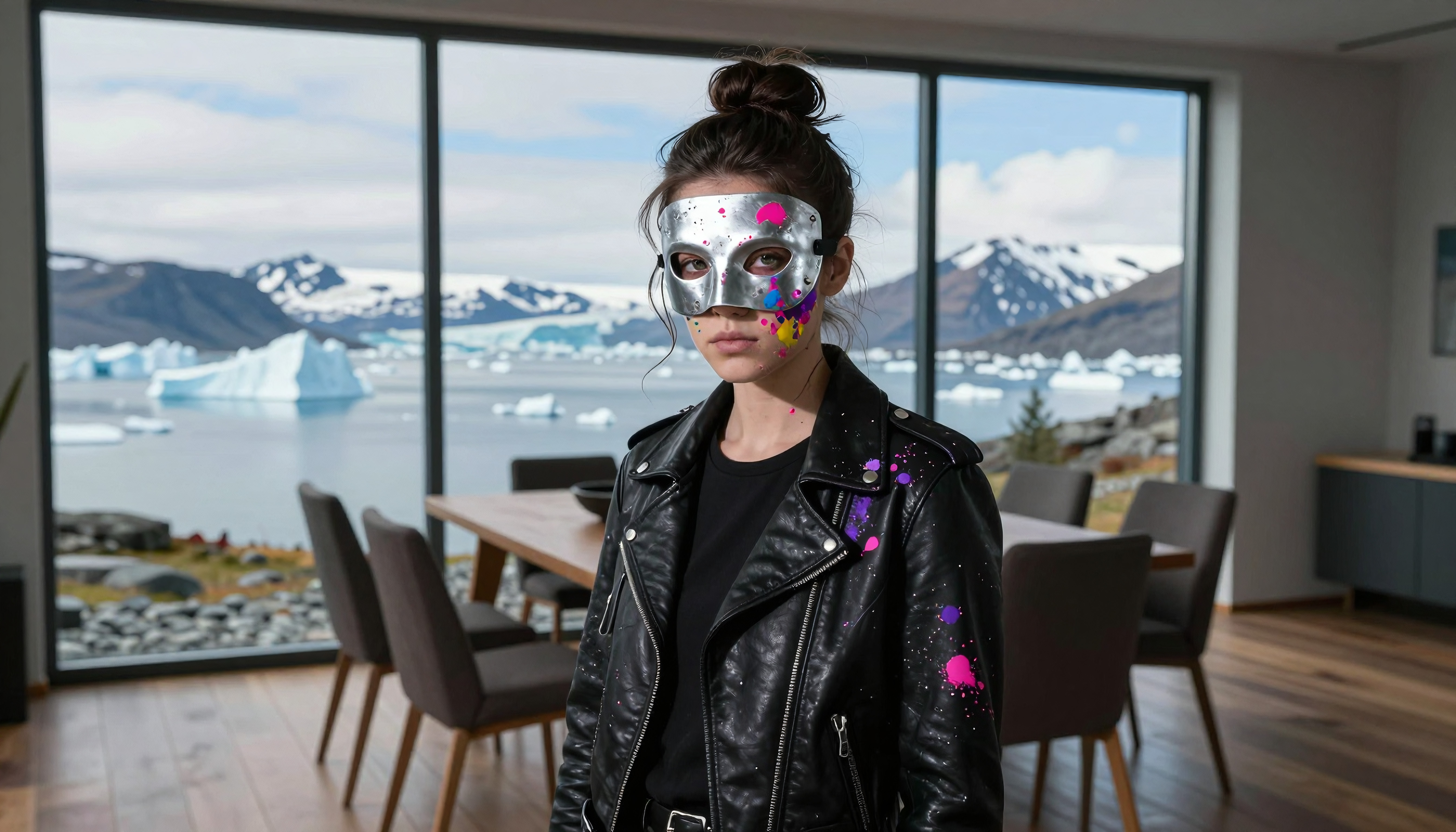 Masked Figure with Paint Splatters in Modern Interior with Glacial View