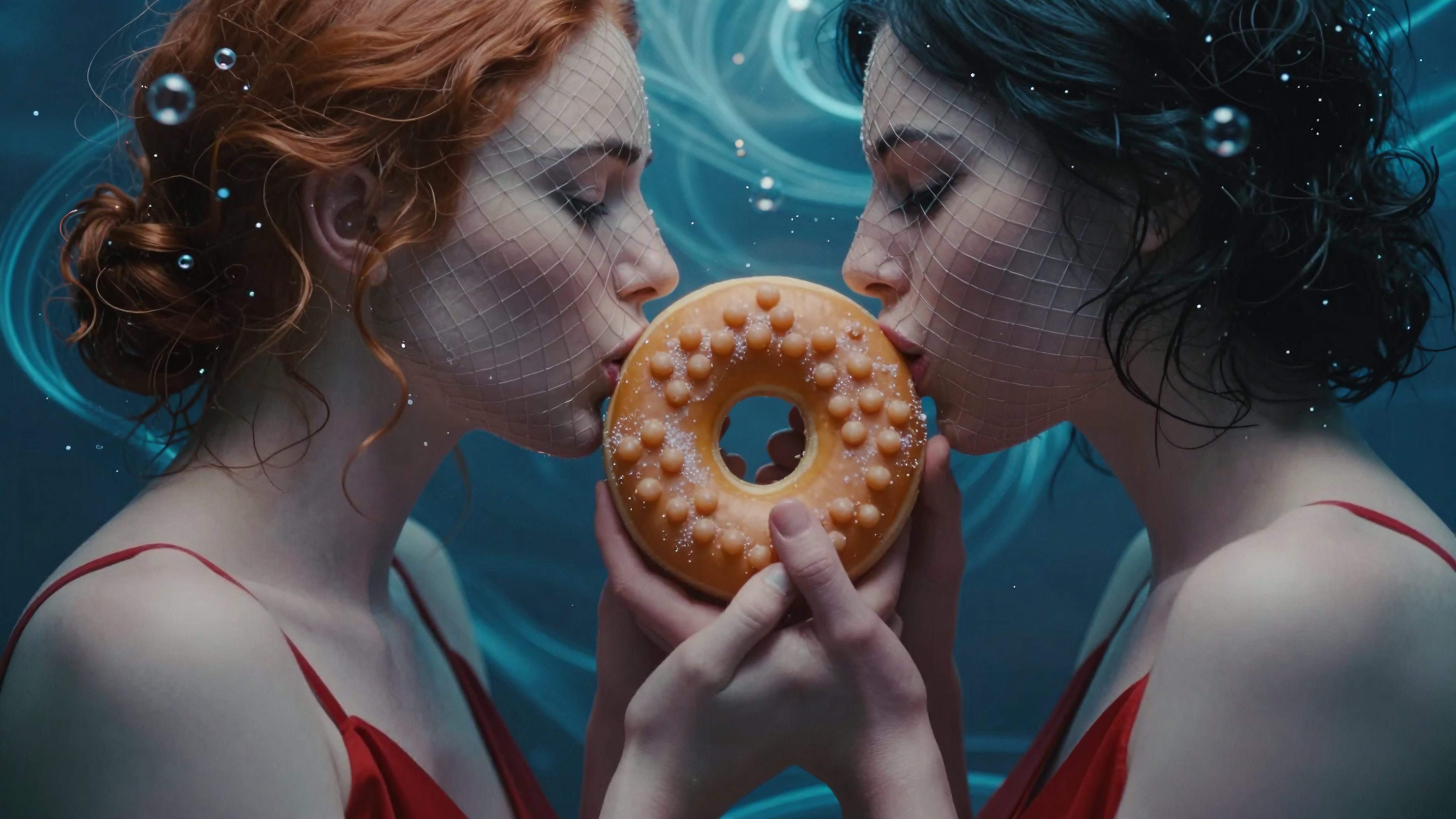 Two women sharing a glazed donut with net veils in a surreal underwater setting