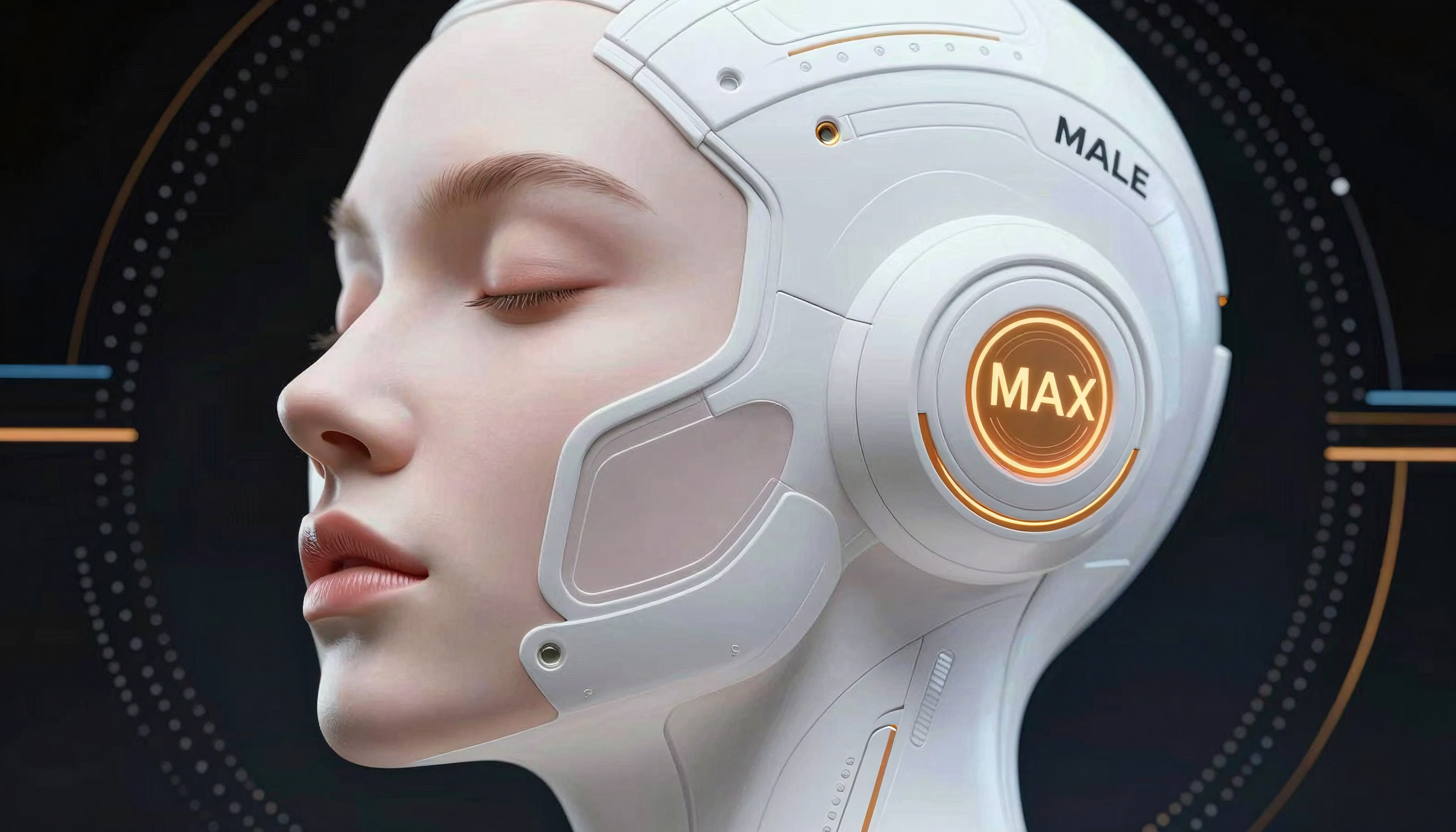 Human Profile with Futuristic Headgear Featuring MAX Display