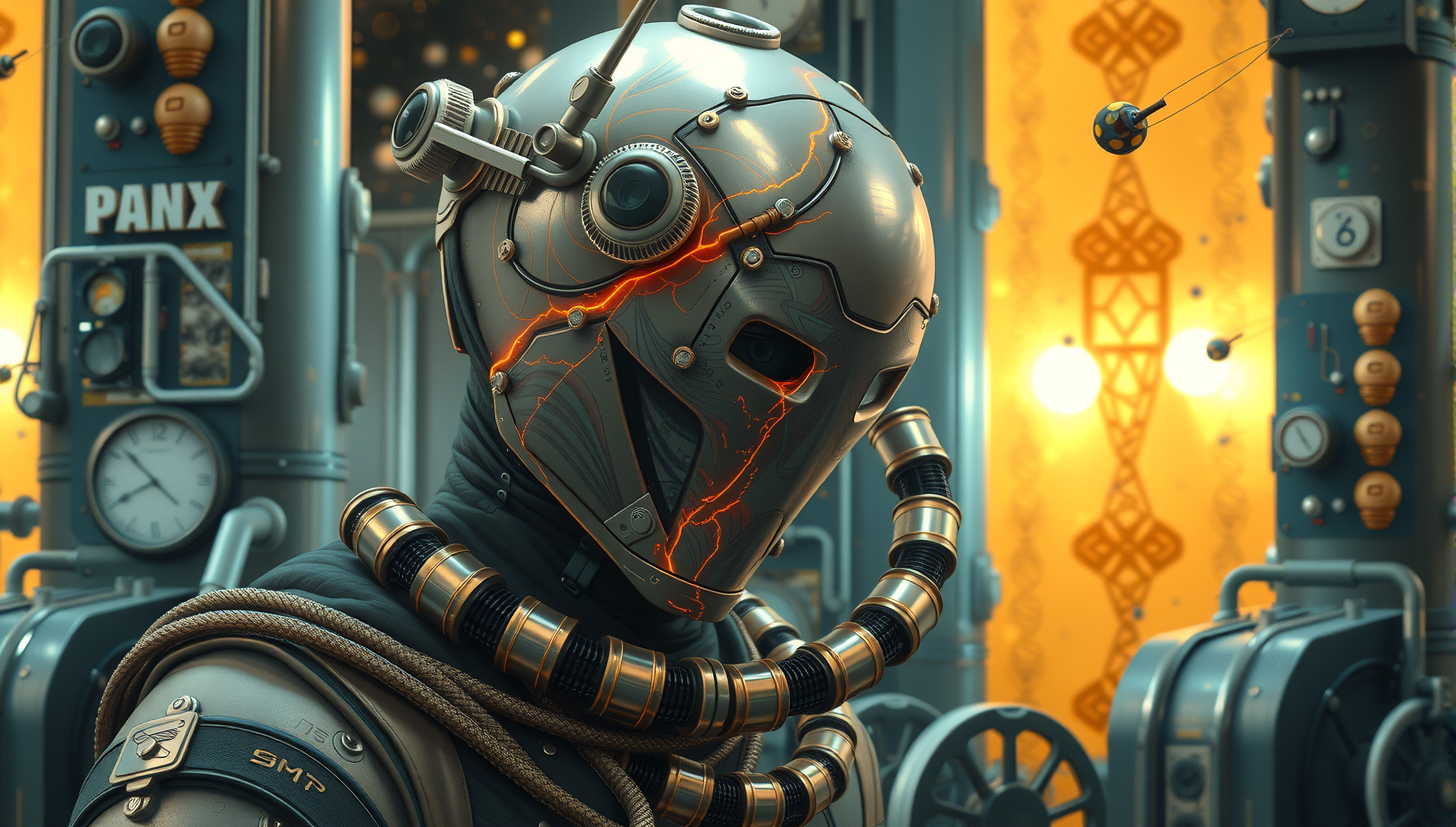 Cybernetic Robot in Industrial Control Room with Glowing Circuitry