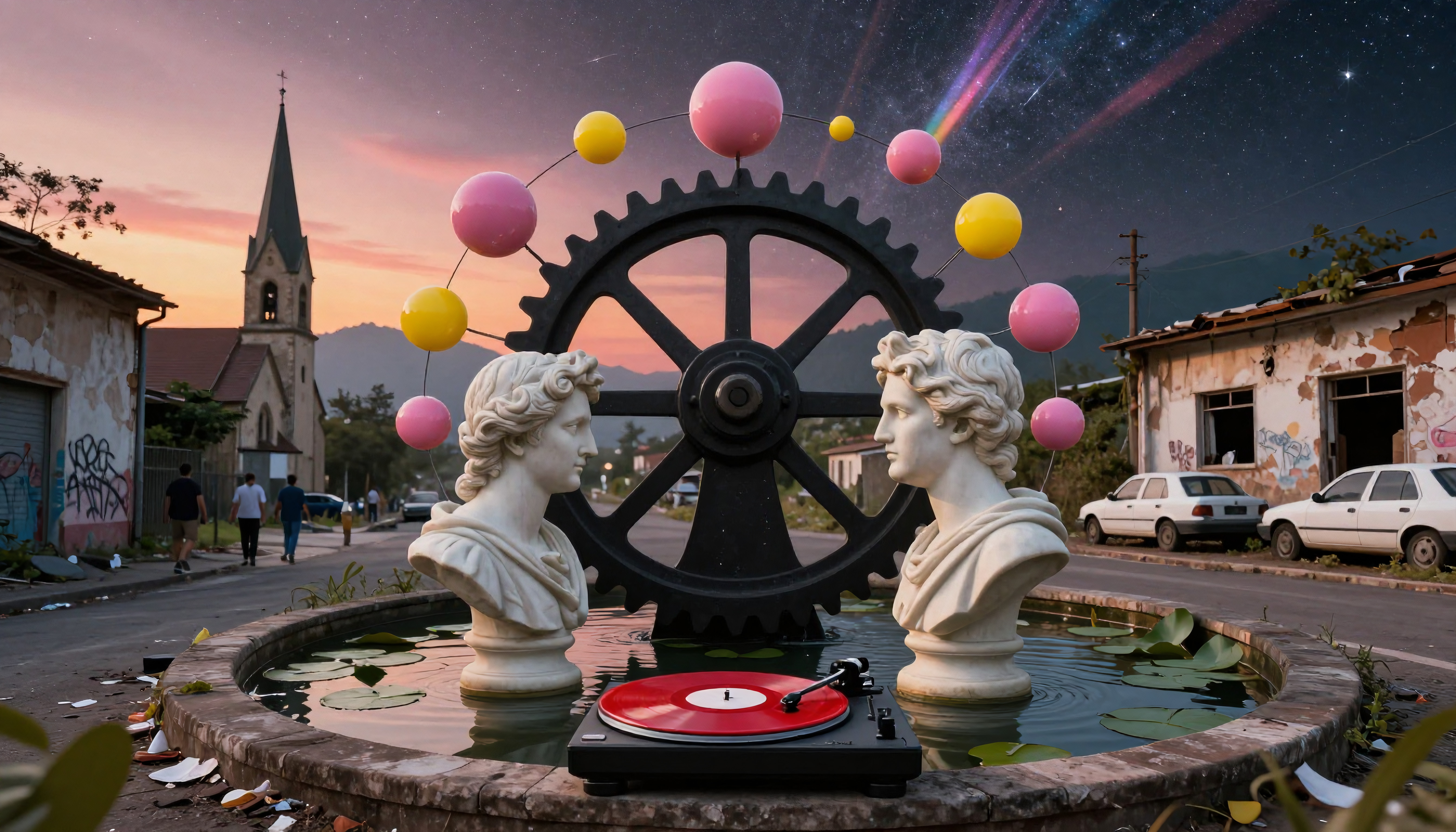 Surreal Urban Fountain with Classical Busts, Industrial Gear & Celestial Orbs