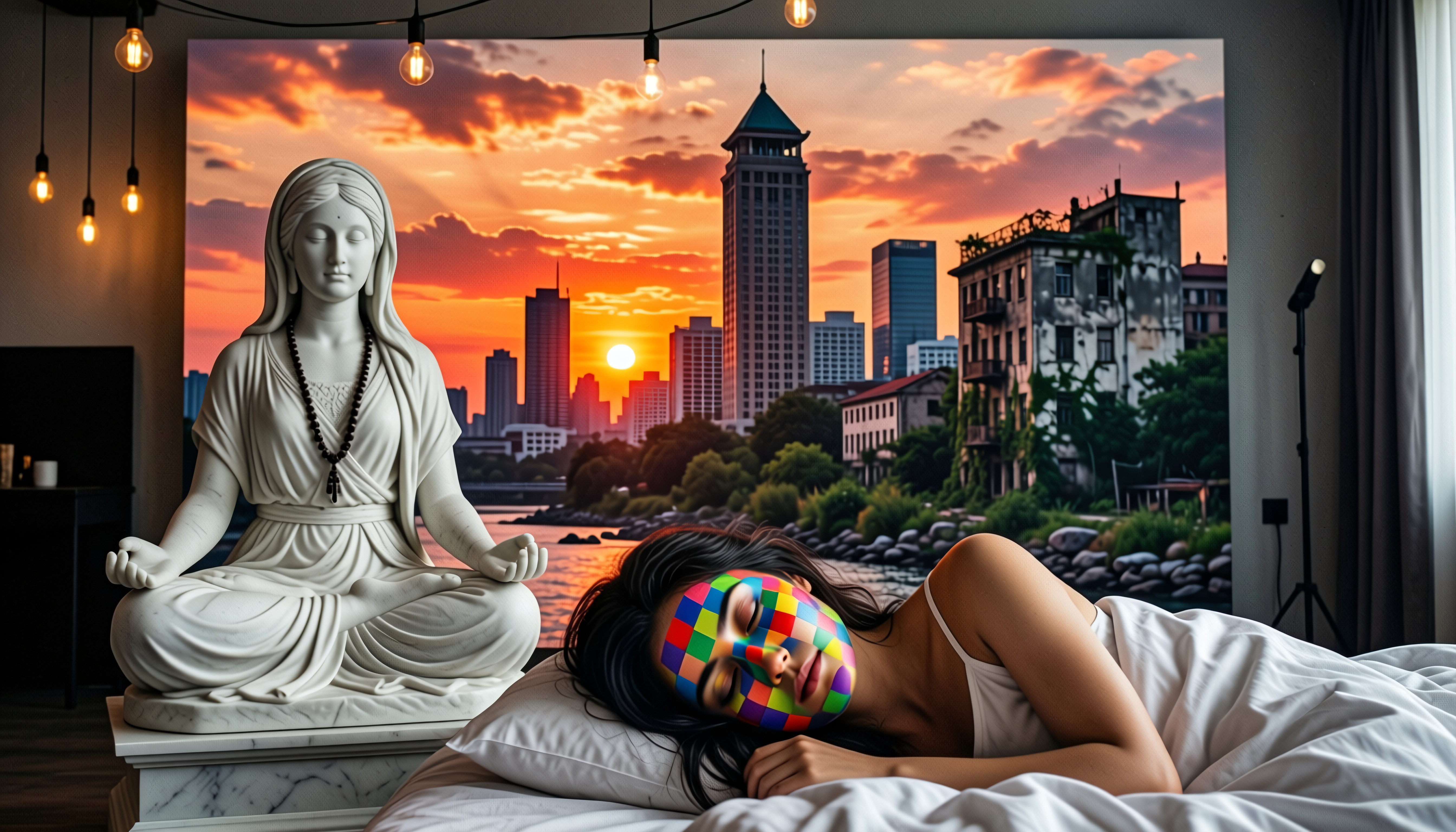 Sleeping woman with colorful mask beside serene statue against urban sunset backdrop