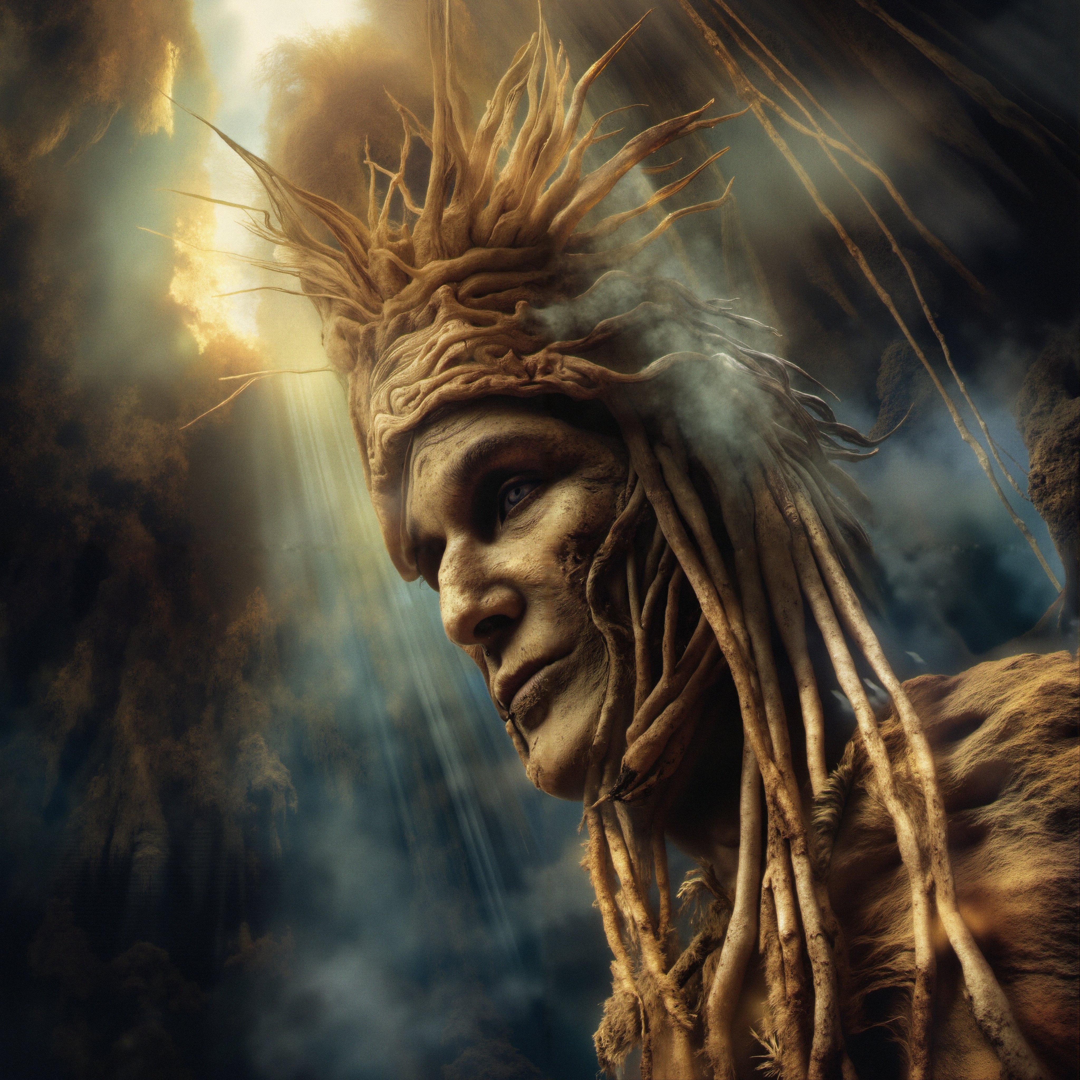 Nature Spirit with Rooted Crown in Dramatic Light