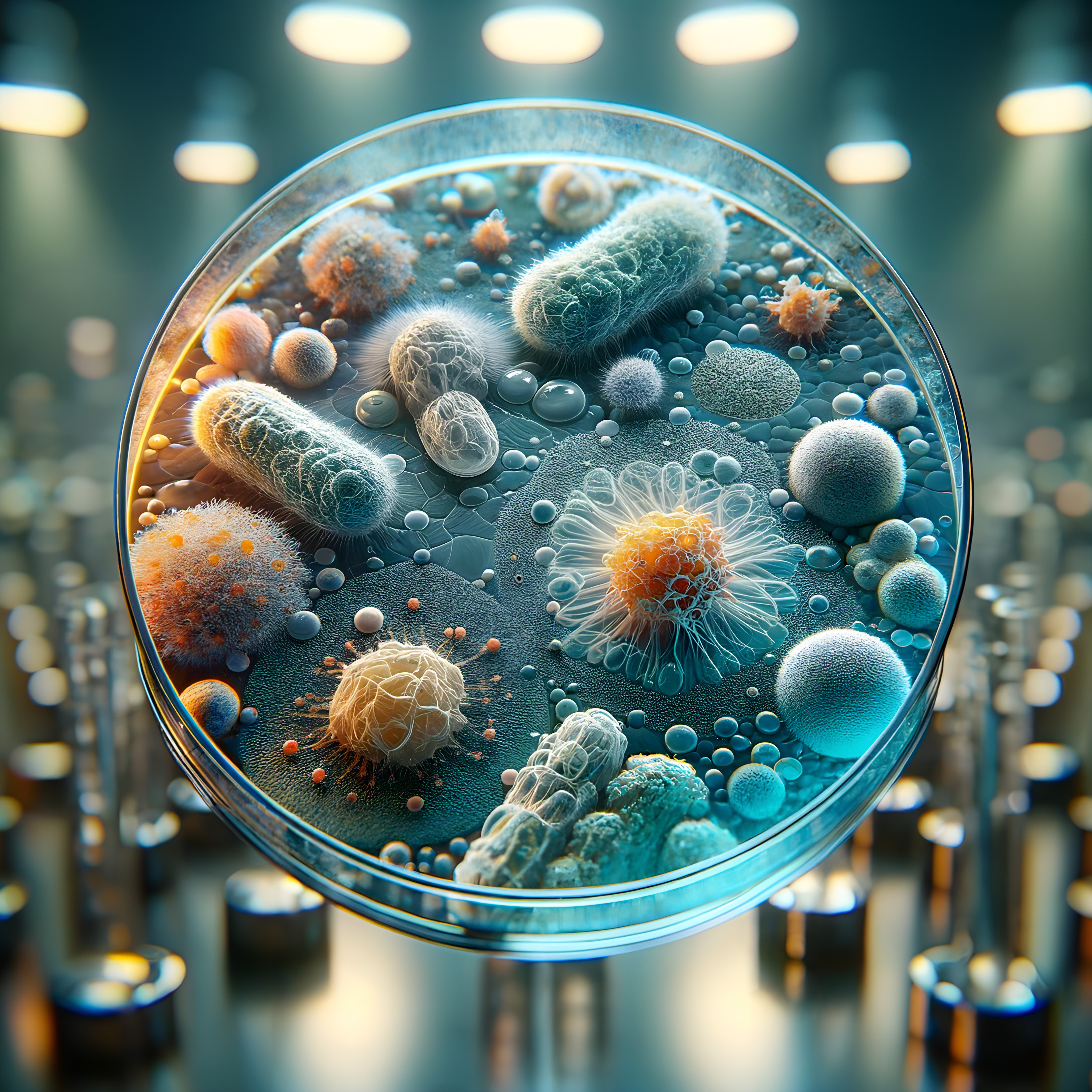 Microscopic Biological Structures in Petri Dish with Lab Background
