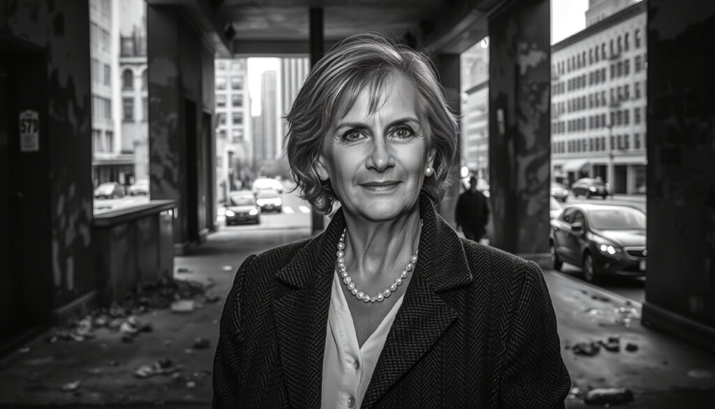 Mature Woman Portrait in Urban Underpass with Cityscape Background