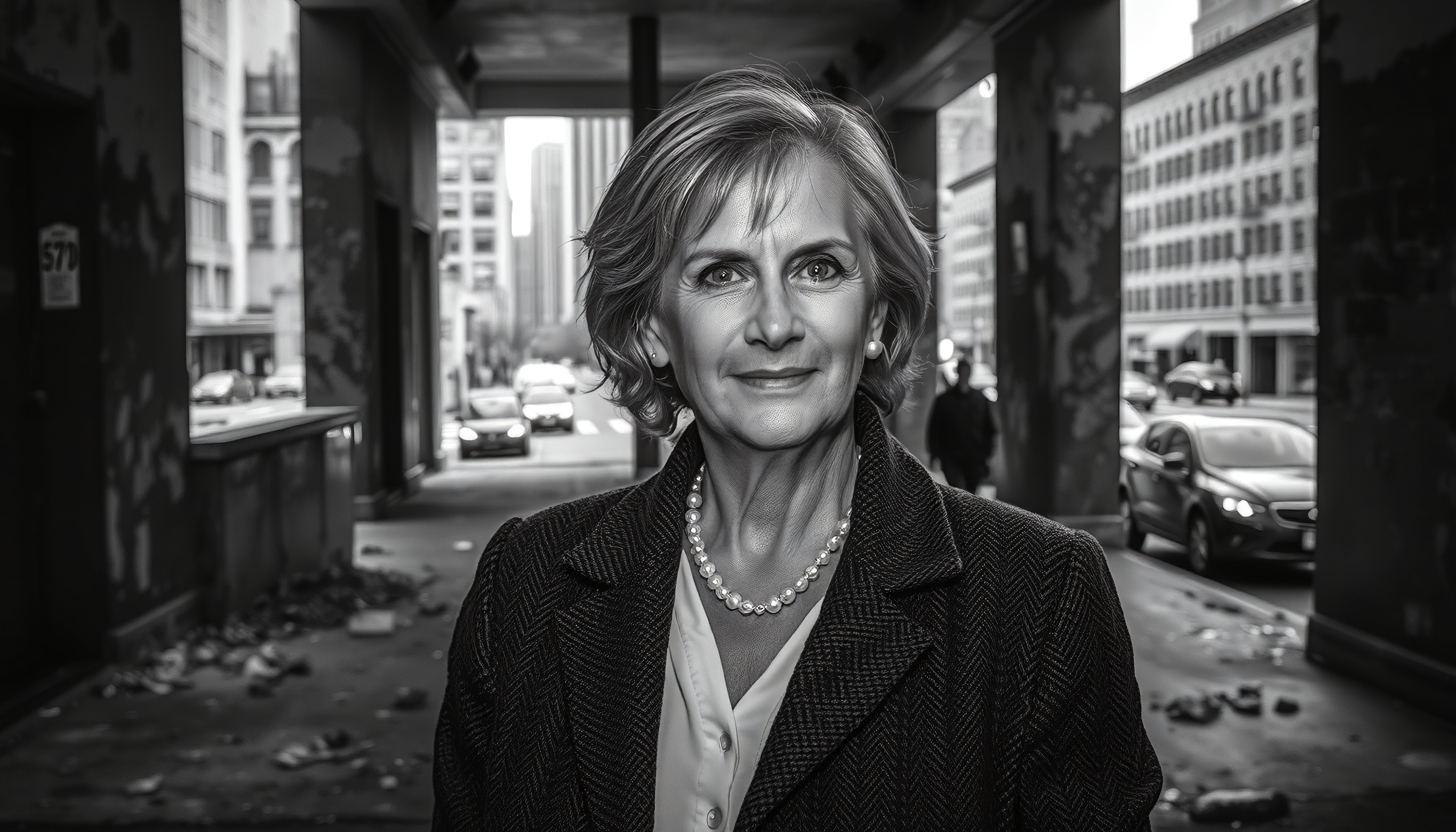 Mature Woman Portrait in Urban Underpass with Cityscape Background