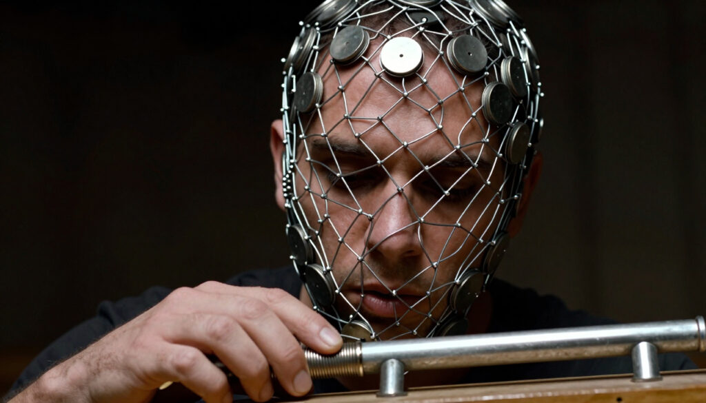 Musician with futuristic metal face mask playing an instrument
